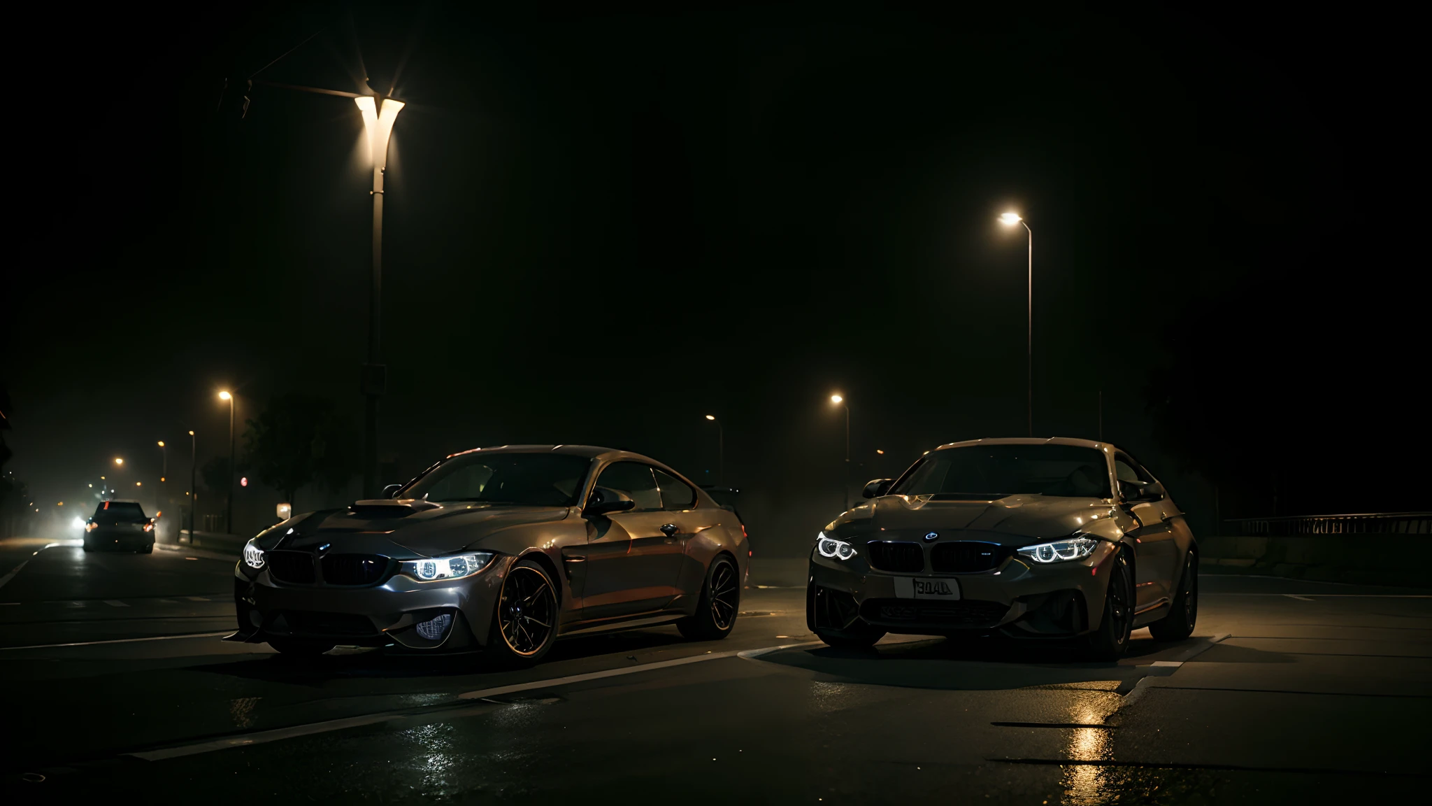 bmw m4 drifting beside of mustang gt 1969 at night streets with street light in mist