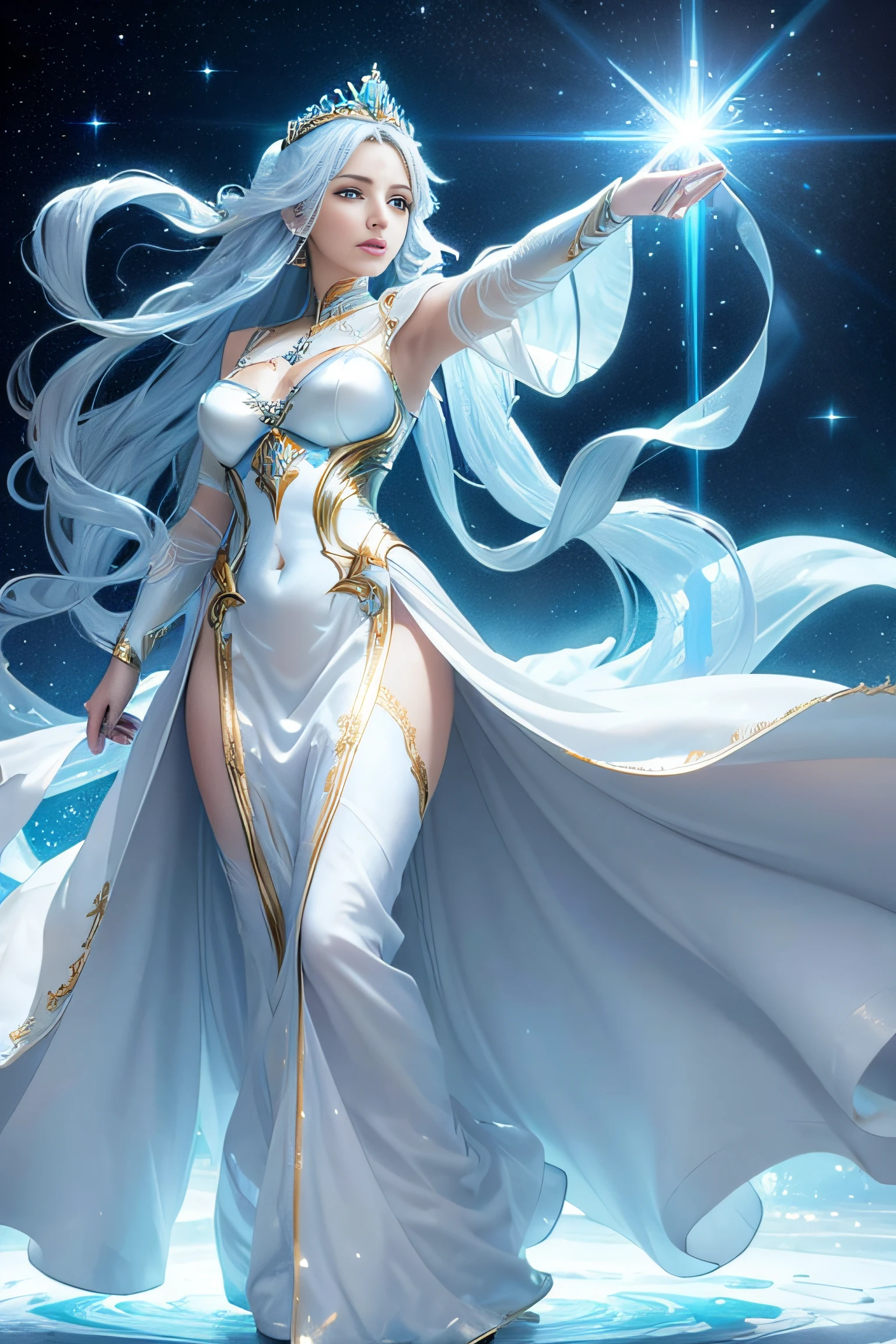 "(Masterpiece, Top Quality, Best, Official Art, Beautiful and Aesthetic, Intense Natural Luminescence: 1.2), Regal Presence, Commanding Aura, 1 Woman, (White Silk Gown Harmoniously Paired with Delicate Light Blue Metallic Armor: 1.3), (((Elegant White Silk Outfit with Fine Light Blue Metal Details))), Full-length Portrait, Wearing a Light Blue Metallic Crown, Right Hand Holding a Light Scepter, Left Hand Elevating a Luminous Orb, (crystallineAI, Light Dominion Theme:1.1), Empress of Light, Pinnacle of Authority, Flowing Lustrous Silk Fabric, Radiating Overpowering Empyrean Energy, Self-illuminating Profoundly, Authoritative Stance, Resplendent Atmosphere,"