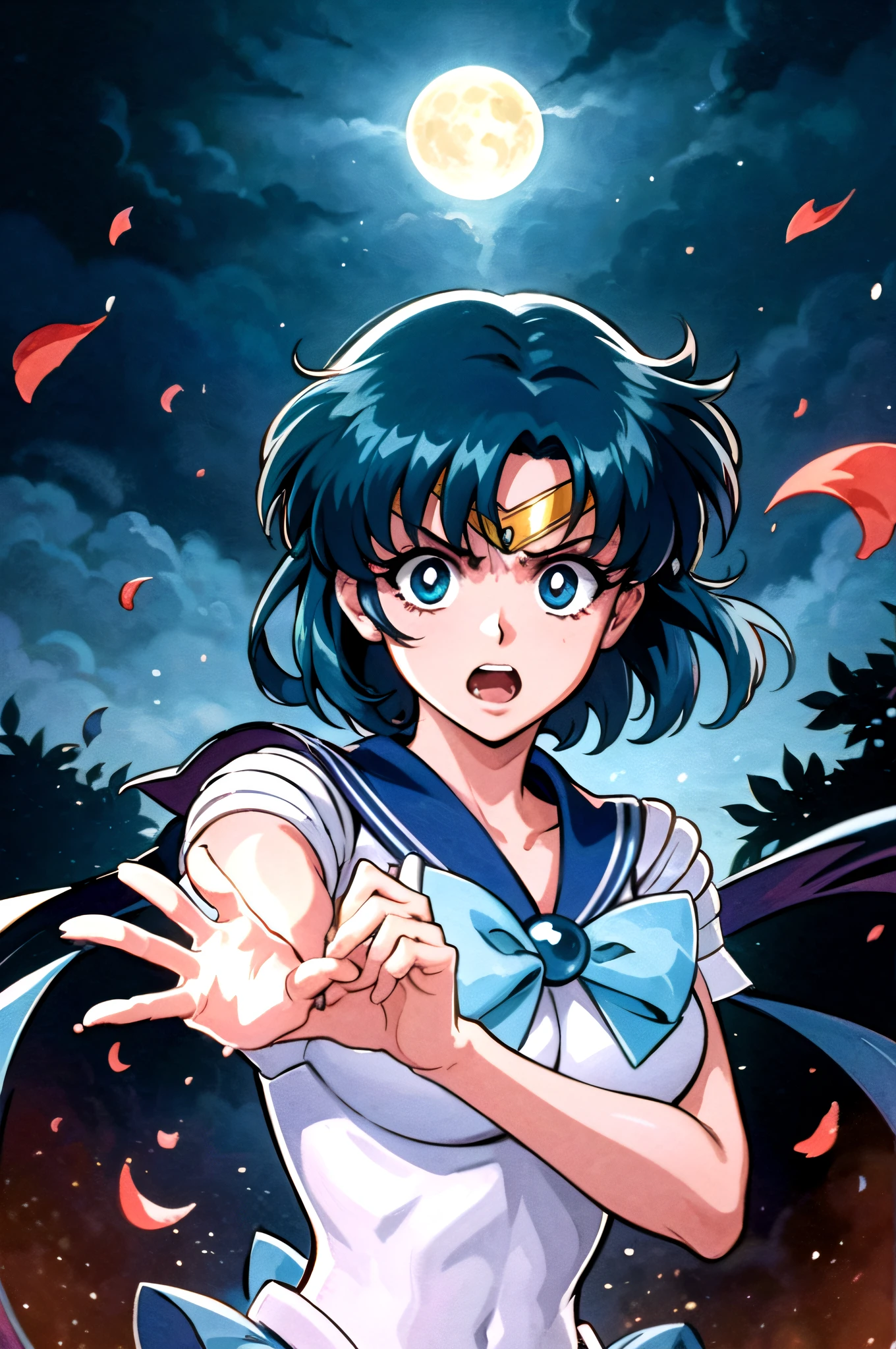 (top-quality:1.3), (​masterpiece:1.4),(Anatomically correct), (Full limbs),(complete fingers),(Precise fingertips), (Fine details),(8K),Photorealista,Sailor Moon!!!!!!!!, Sailor Moon Style,by Sailor Moon, Sailor Senshi Uniform,(Sailor Mercury:1.25),aqua eyes, Dark green hair,raw, 1 girl, ((rage)), Color Theme Red, Dramatic light, Violence Everywhere, Bloody destruction of corpses in the background, Dark and blurry background, (angry expressions:1.4), (Raging Eyes:1.2), ), Mental breakdown, intimidation, Ways to harm, (irate:1.4), revenge, rage, destruction, murder, Maniacal,magician, spell magic, Magic Circle, ((magic in hand)),(using light magic:1.4),water magic, imaginative overlays, artistic fusion,fantastical scenes, evocative narratives, striking visuals,((Depth of field and blur)), ((watercolor paiting)), Large breasts, Bare shoulders, Flowers and petals, Conceptual diagram of Bevera , (White background:0.5), (Illustration :1.1), (Very thin and beautiful: 1.1), (perfect  detail: 1.1) Doodle style background, liberta, souls, Digital Illustration, Perfect Anatomy, Centered, Approaching perfection, Dynamic, Highly detailed, Watercolor painting, art  stations, Concept art, Smooth, Sharp Focus, Illustration,(Fighting Pose:1.25),((Magical Dark Forest :1.2)),at the sunset, a moon, ((Strong dark shadows recommended for the scene:1.2)), Golden flowers ,((glowing butterflies )), Beautiful magic style, Golden Water Reflection,Fierce, concept-art, Digital Painting,Step onto the ground ready to fly to the top of an ancient Chinese temple ready to fight, Tall ancient Chinese temples, Night, nigh sky, (Cracked ground:1.2), Step into the ground, Monkey walking on the ground, Snow and clouds on the horizon, Flying,((yawns))、dance,(Artistic jumps:1.25),break dance,Strenuous movements,Stacked cargo container,Cracked concrete walls,Road exhaust,Countless white steam is coming out,The road surface is wet,Damaged buildings,Broken brick building,Fluttering hair,Beautuful Women,17 age,Bright smile,profetional lighting,Gray Light Lighting,Low angle from below,Blowing steam into the landscape,Fog in the landscape、Foggy、(Smooth limb movement,Palms,Smooth finger position)