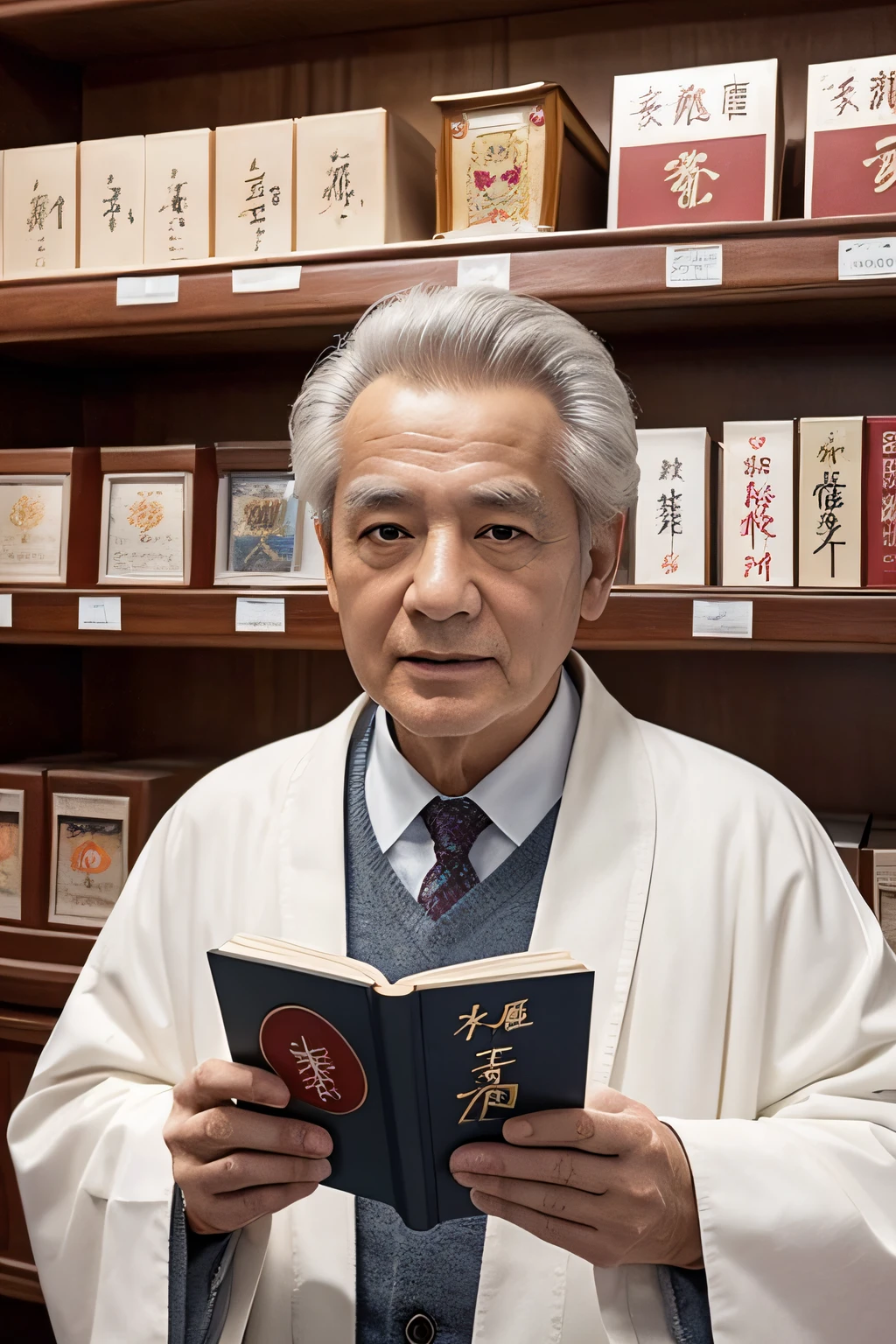 Chinese image,Real frontal photos,Authentic background,Pharmacy background,holding books,Manteau blanc,Face full of wrinkles,TCM image,Wise eyes,male people