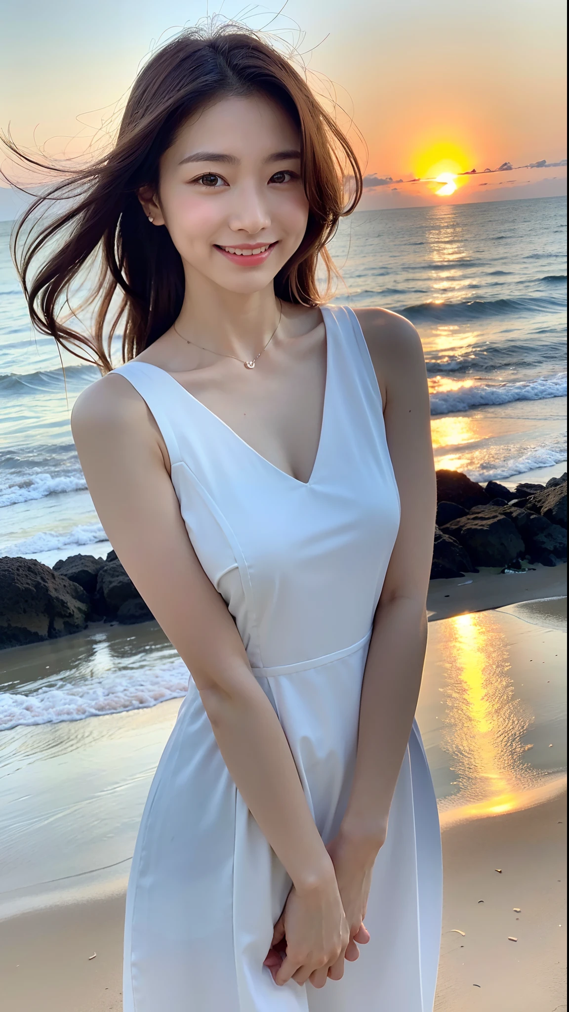 (1 Korean star with royal sister style), ((Best quality, 8K, 巨作: 1.3)), focal point: 1.2, Perfect body proportions: 1.4, (Make a smile), (Sunset: 1.3), Watery eyes, highly detailed face and skin textures, Fine eyes, Double eyelids, Whitens the skin, (length hair, Air bangs: 1.3), (Round face inches: 1.5), (off the shoulder dress: 1.4),(( In the countryside,sitted。)) The blue sky is beautiful。Play with a cute kitten