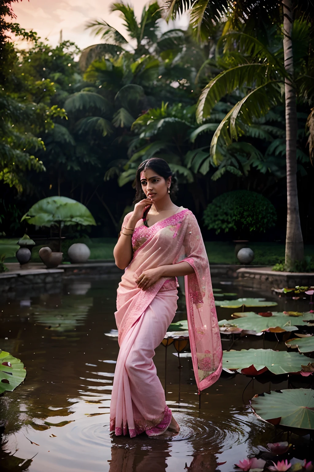 lady wearing a saree siting on large pink lotus. having 4 hands.