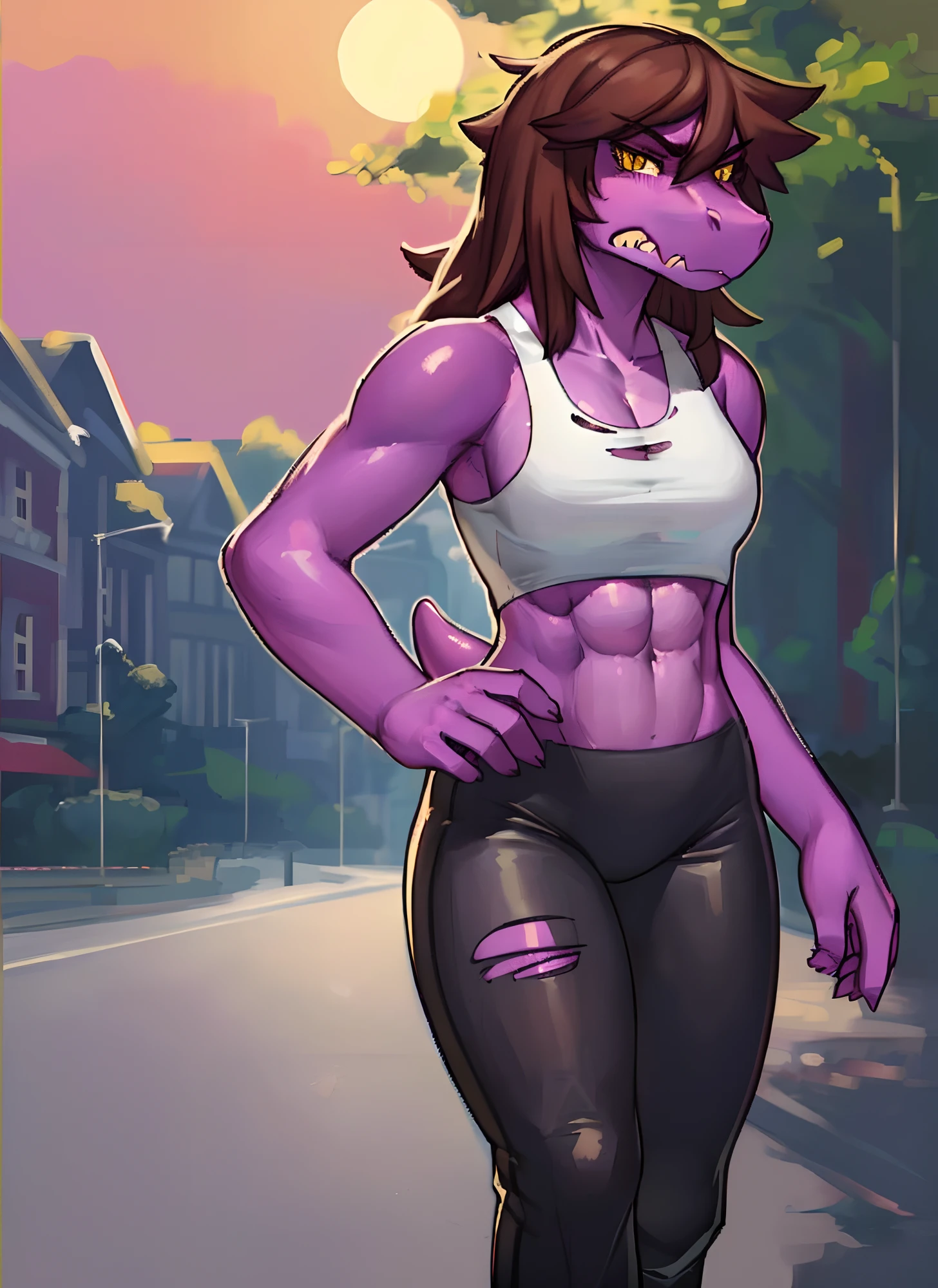 [susie], [Deltarune], [Uploaded to e621.net; (Pixelsketcher), (wamudraws), (woolrool)], ((masterpiece)), ((HD)), ((high quality)), ((solo portrait)), ((front view)), ((scalie; anthro)), ((detailed fur)), ((detailed shading)), ((beautiful render art)), ((intricate details)), {anthro dinosaur; (athletic figure), purple scales, (reptile snout), cute yellow eyes, (black pupils), (bags under eyes), (short eyelashes), (long messy brown hair), long lizard tail, (gorgeous hips), (gorgeous abs), (muscular legs), (angry), (frown)}, {(torn white tank top), (ripped black spandex yoga pants), (black boots)}, {(jogging), (looking at viewer)}, [background; (park), (grass), (sunset), (sun rays), (ambient lighting)]