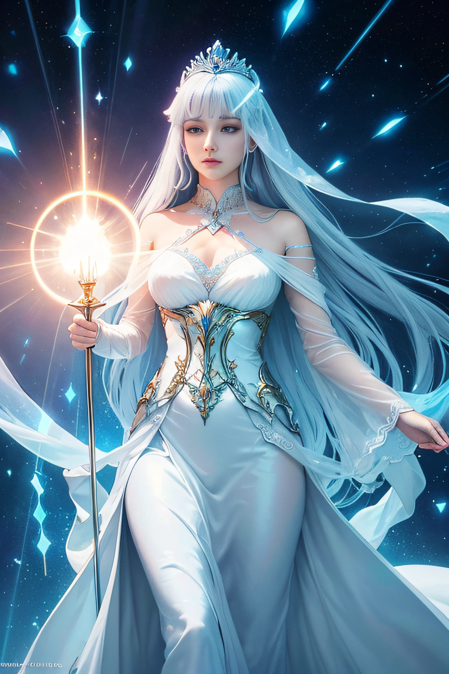 "(Masterpiece, Top Quality, Best, Official Art, Beautiful and Aesthetic, Intense Natural Luminescence: 1.2), Regal Presence, Commanding Aura, 1 Woman, (White Silk Gown Harmoniously Paired with Delicate Light Blue Metallic Armor: 1.3), (((Elegant White Silk Outfit with Fine Light Blue Metal Details))), Full-length Portrait, Wearing a Light Blue Metallic Crown, Right Hand Holding a Light Scepter, Left Hand Elevating a Luminous Orb, (crystallineAI, Light Dominion Theme:1.1), Empress of Light, Pinnacle of Authority, Flowing Lustrous Silk Fabric, Radiating Overpowering Empyrean Energy, Self-illuminating Profoundly, Authoritative Stance, Resplendent Atmosphere,"
