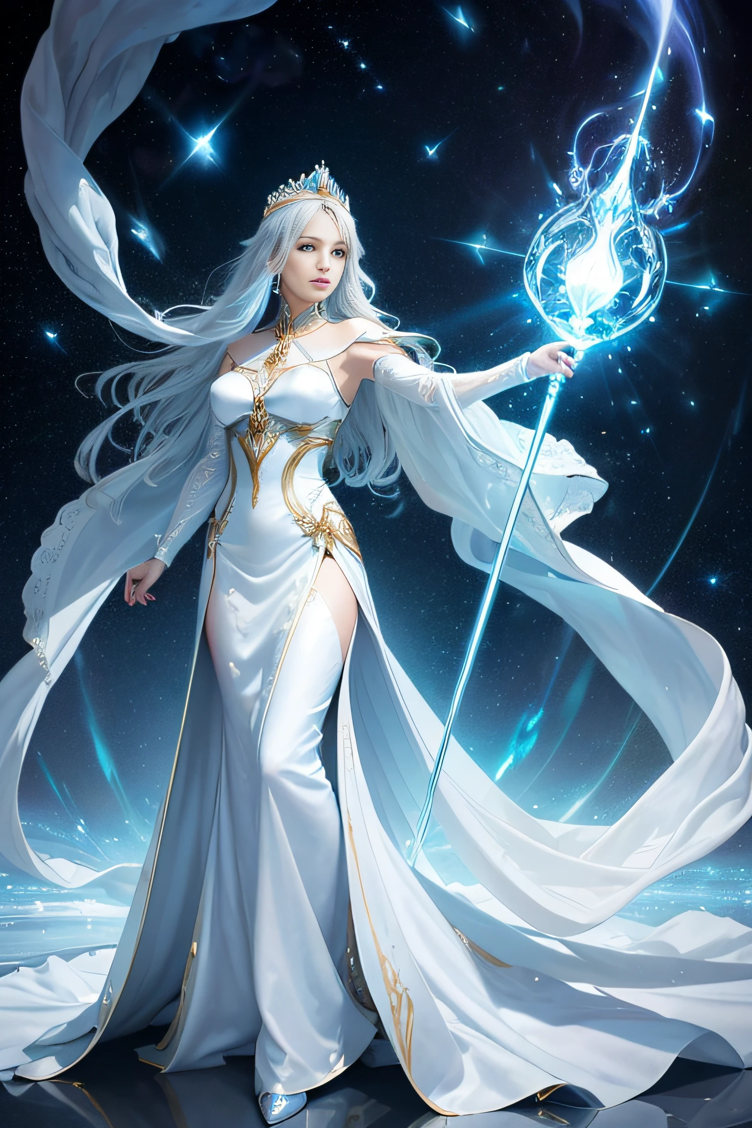 "(Masterpiece, Top Quality, Best, Official Art, Beautiful and Aesthetic, Intense Natural Luminescence: 1.2), Regal Presence, Commanding Aura, 1 Woman, (White Silk Gown Harmoniously Paired with Delicate Light Blue Metallic Armor: 1.3), (((Elegant White Silk Outfit with Fine Light Blue Metal Details))), Full-length Portrait, Wearing a Light Blue Metallic Crown, Right Hand Holding a Light Scepter, Left Hand Elevating a Luminous Orb, (crystallineAI, Light Dominion Theme:1.1), Empress of Light, Pinnacle of Authority, Flowing Lustrous Silk Fabric, Radiating Overpowering Empyrean Energy, Self-illuminating Profoundly, Authoritative Stance, Resplendent Atmosphere,"
