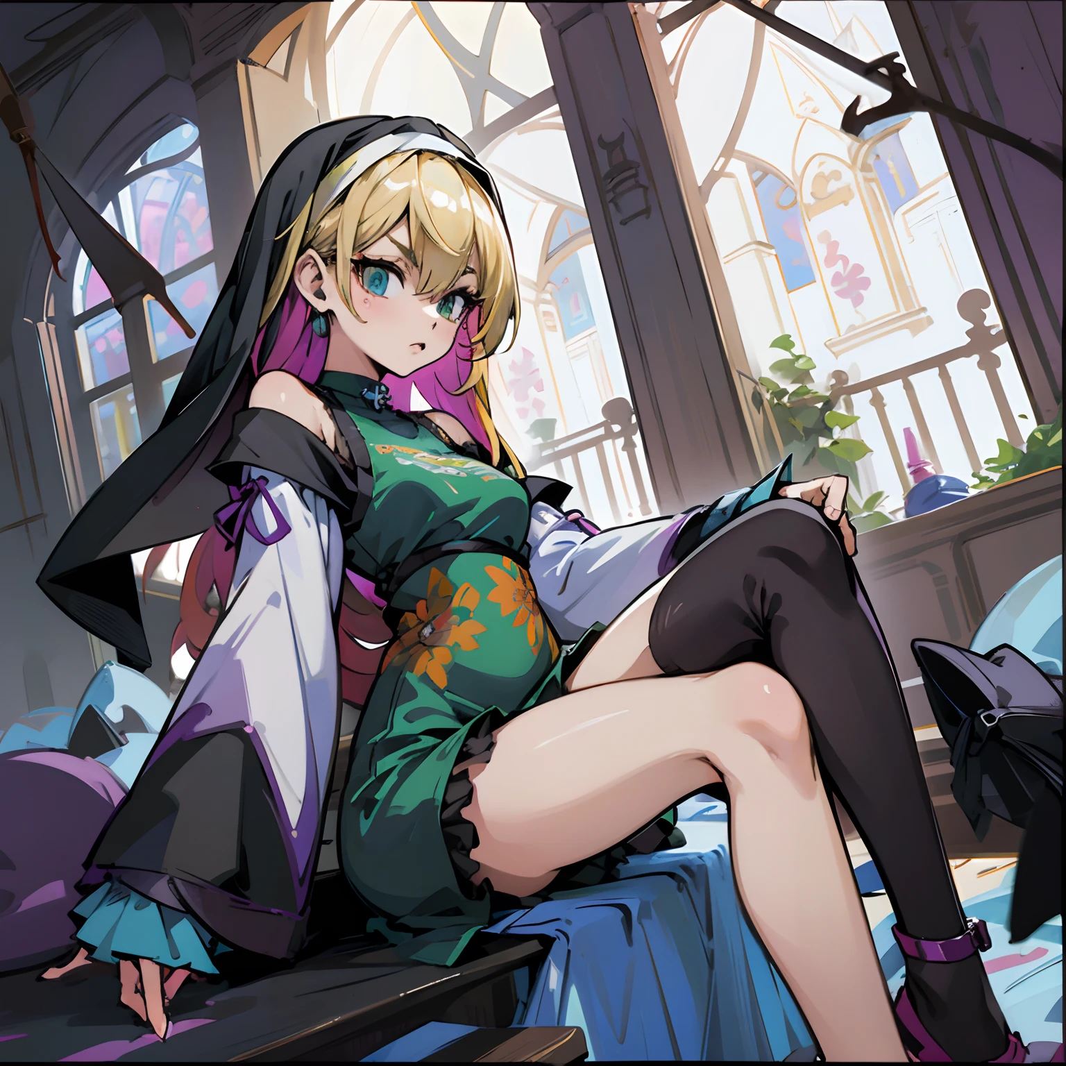 masutepiece, Best Quality, Ultra-detailed, Off-the-shoulder clothing, Colorful,Up-close, Hyper-detailing，Blonde hair, Chifuyu, Beautiful hair, Long hair, no sleeves, Camisole, Blue Camisole, Cheongsam, Nun dress, thighs thighs thighs thighs, Choker, Arm Cover, Dress, Big 1 Girl, Solo, Sharp face, Heterochromia, Green eyes, Purple eyes, Bare neck