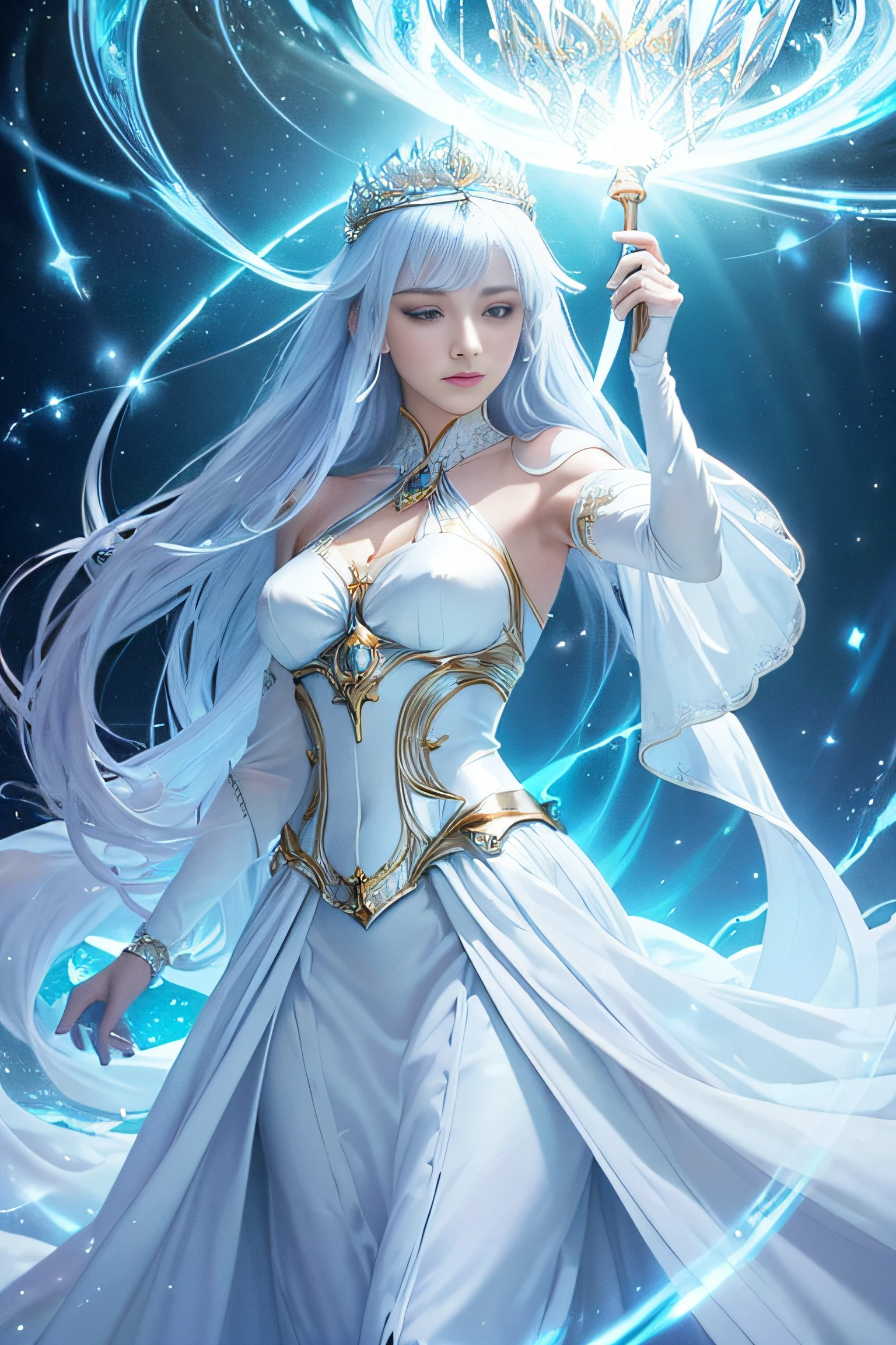 "(Masterpiece, Top Quality, Best, Official Art, Beautiful and Aesthetic, Intense Natural Luminescence: 1.2), Regal Presence, Commanding Aura, 1 Woman, (White Silk Gown Harmoniously Paired with Delicate Light Blue Metallic Armor: 1.3), (((Elegant White Silk Outfit with Fine Light Blue Metal Details))), Full-length Portrait, Wearing a Light Blue Metallic Crown, Right Hand Holding a Light Scepter, Left Hand Elevating a Luminous Orb, (crystallineAI, Light Dominion Theme:1.1), Empress of Light, Pinnacle of Authority, Flowing Lustrous Silk Fabric, Radiating Overpowering Empyrean Energy, Self-illuminating Profoundly, Authoritative Stance, Resplendent Atmosphere,"