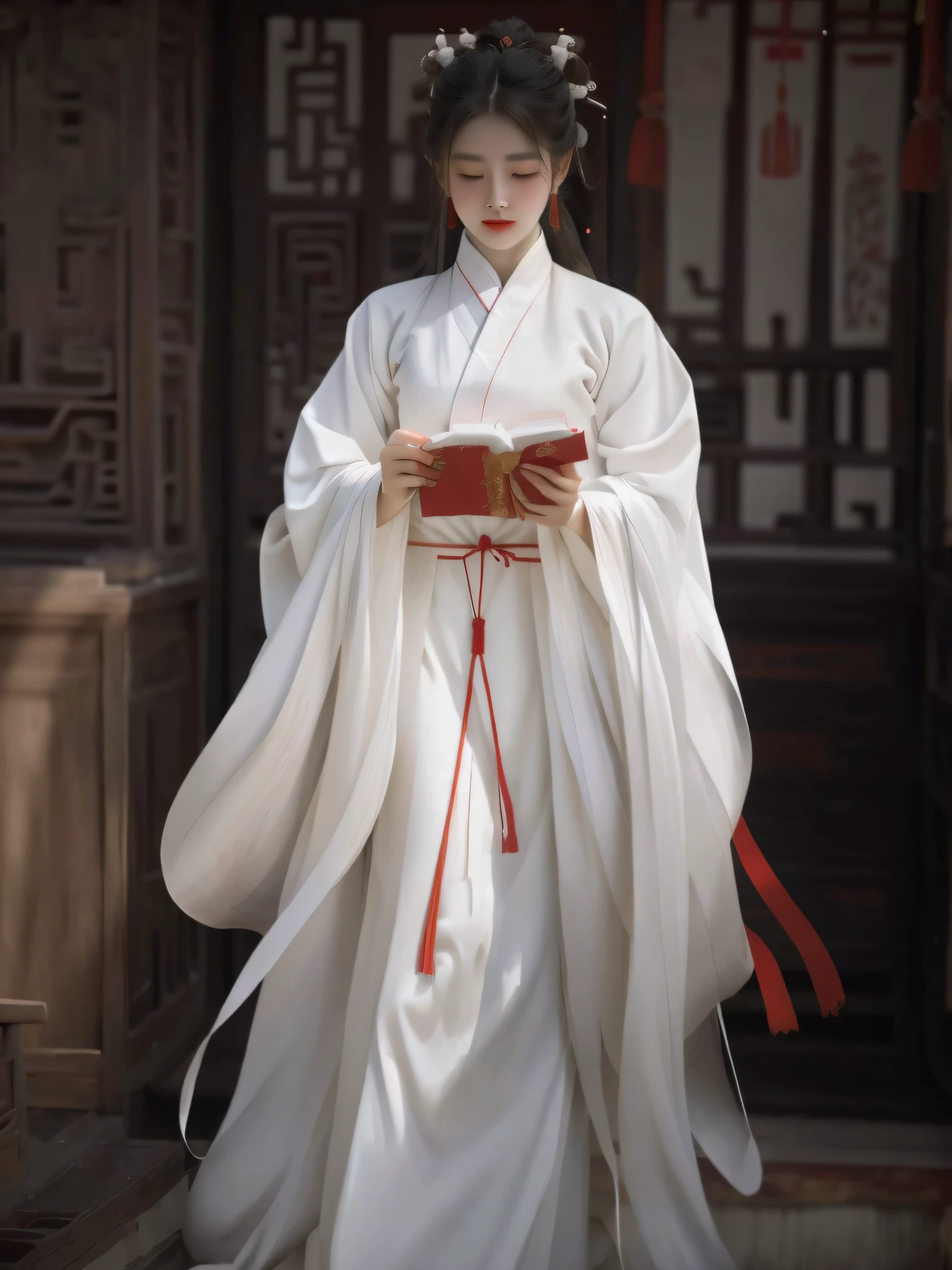 An Araved woman in a white dress holds a book and a red ribbon, White Hanfu, flowing white robe, Hanfu, flowing white robe, Flowing robes, wearing a long flowing robe, Wearing ancient Chinese clothes, flowing hair and long robes, flowing magical robe, dressed in simple robes, white daoist robes, Traditional Chinese clothing, ancient white dress