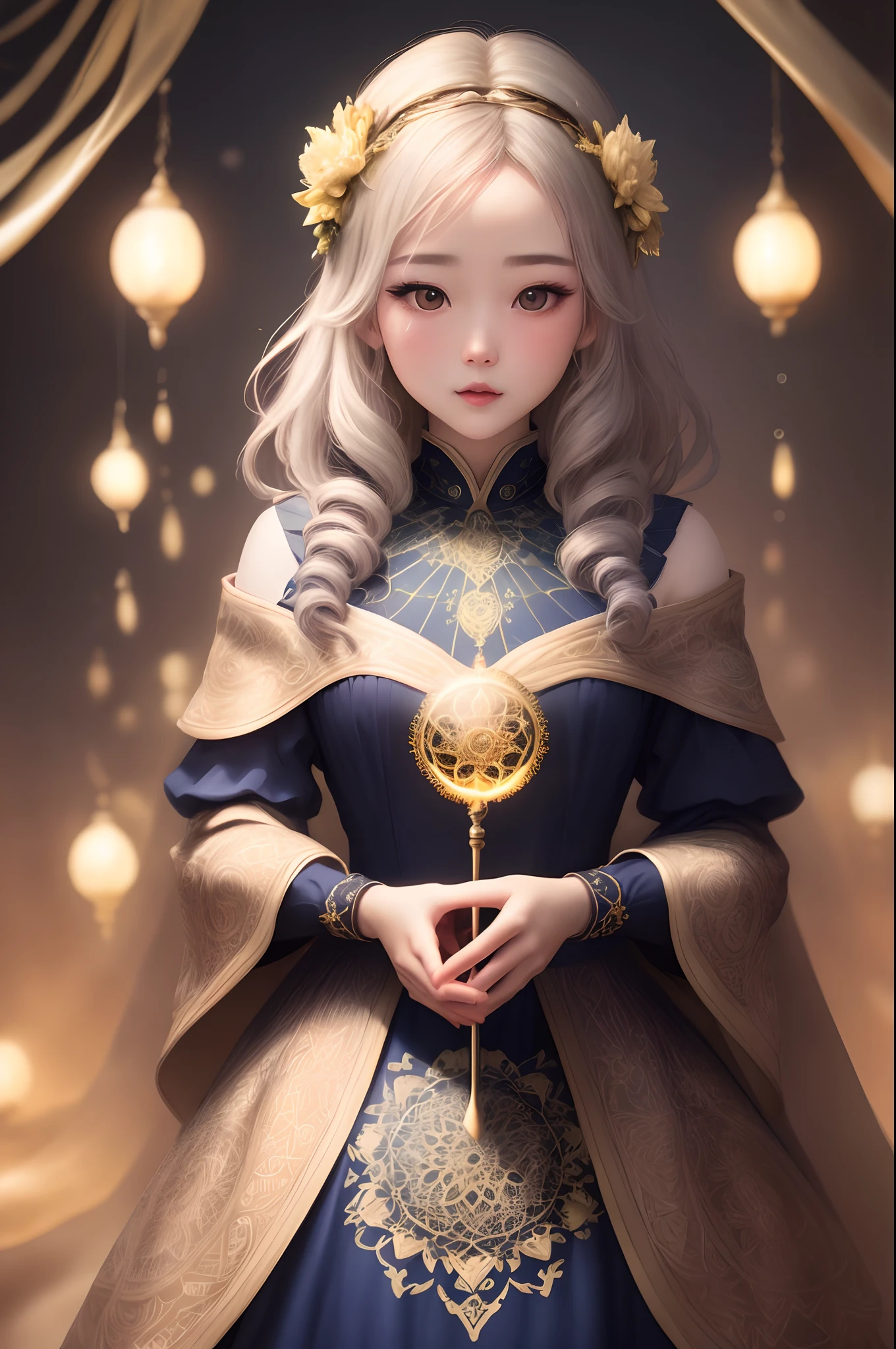 a beauty girl、The Wizard of Topaz(masterpiece、top-quality、top-quality、Official Art、Beautifully Aesthetic:1.2)、(1girl)、Extreme Details、colourfull、highestdetailed、Official Art、Unity 8k壁纸、ultra-detailliert、Beautifully Aesthetic、Beautiful fece、masterpiece、top-quality、(Zentangle、a Mandala、Tangles、entanglement)、Holy Light、gold foil、Gold leaf art、glitter drawing、PerfectNwsjMajmagic
Lots of scattered crystal tarot cards、accessoires、Shine in the center、Fortune telling tools
fantasy、intergalactic、cleanness、
glinting、Shines、magnifica、colourfull、brightened、luminescence
Magic Pictures, dramatic lighting, photorealisim, The ultra-detailliert, 4K, depth of fields, hight resolution