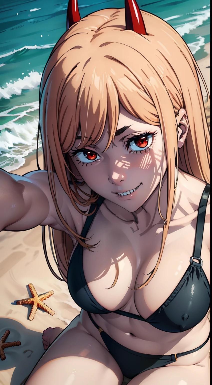 holding a cat in his arms, sits cross-legged, Smiling, laughting, Beach, The sea, is looking at the camera, can be seen in full growth, The camera looks down on her, Picture from above, Overhead view, Beachwear, Beautiful waist, nice feet, ultra sharp image, Beautiful figure, Beautiful little breasts, sharp teeth, laughting, ultra detail face, Ultra Transparent, Chainsaw Man Energy, Two red sharp horns on the head, ultra sharp image, Ultra Beautiful, little chest. hairlong, blonde woman, Beautiful figure, taut clothes, red-eyes, Red crosses and circles instead of pupils, handsome body, sexy clothes, Beautiful eyes, very detailed eyes, Very detailed face, handsome body, Cherecter Desing, Very detailed, Detailed body, Detailed hands, Detailed, Vibrants, Detailed Face, sharp-focus, WLOP, artgerm, anime art, Vibrants, Detailed Face, Hugh Details, sharp-focus, Very drooping face, A detailed eye, super fine illustration, better shadow, finely detail, Beautiful detail