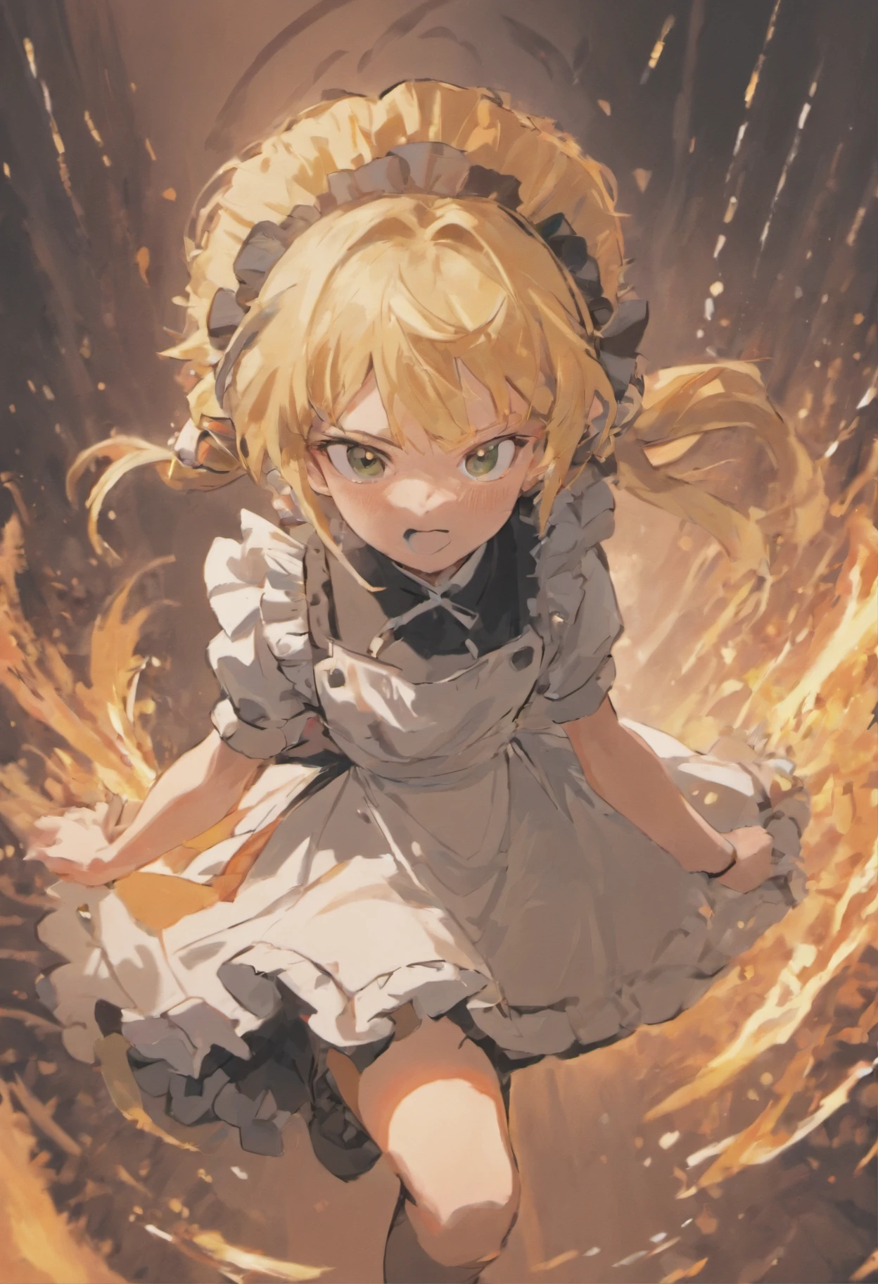 ((chain)), ((chain Focus)), (Weapon), houjou_Satoko, 1girl, 独奏, blonde,short hair,hair band,Red eyes,Green Dress,White sailor collar,Yellow neckerchief,Short sleeve,Puff sleeves,Black Pantyhose,Flat Chest, Deathblow, Swinging a chain, Swirling Chains