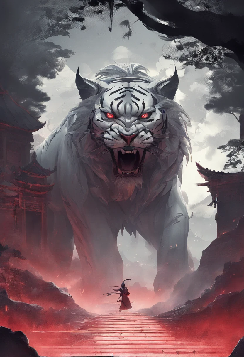 China-style，Mythologie chinoise，Le tigre blanc，rugir，fierce，gargantuesque，Very long canines, Les yeux brillent en rouge，Effets de lueur，Hautes collines，Brouillard nuageux，La nuit，中景 The scene is，Corps entier comme， Highly detailed surreal VFX，OC rendu， - AR 16:9 --q 2 --s 1000