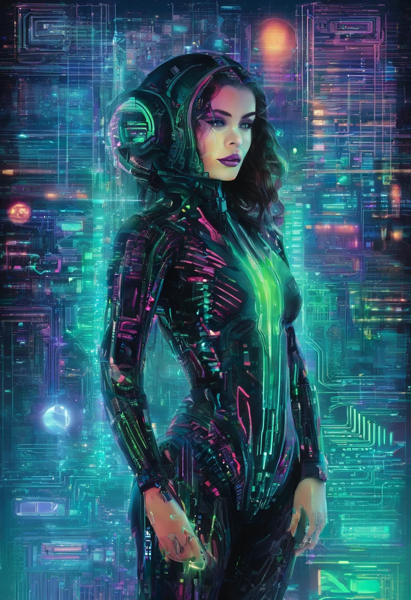 Sexy nude Asian Woman, glowing neon lines along her body.