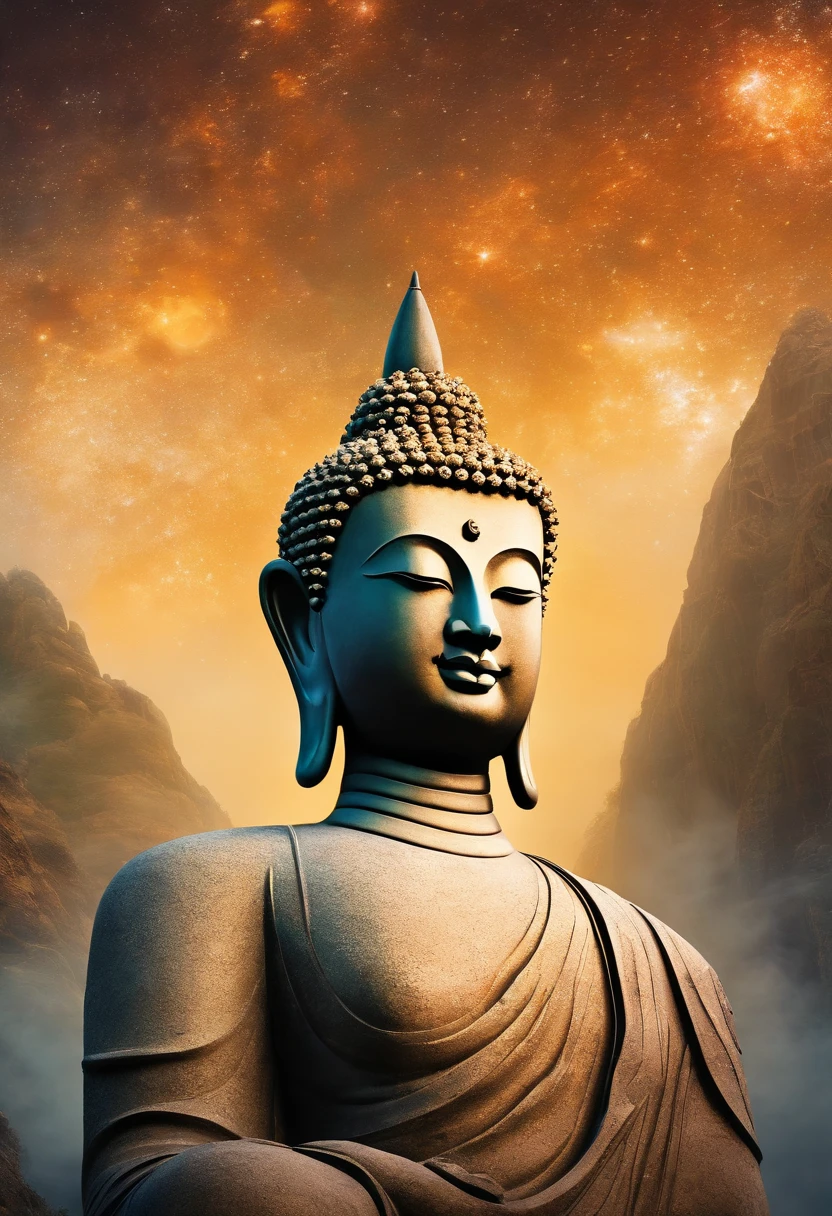 Buddha statue, stone statue, Texture, tall, An majestic, The background is illuminated by sunlight，Inverted image，Lateral face