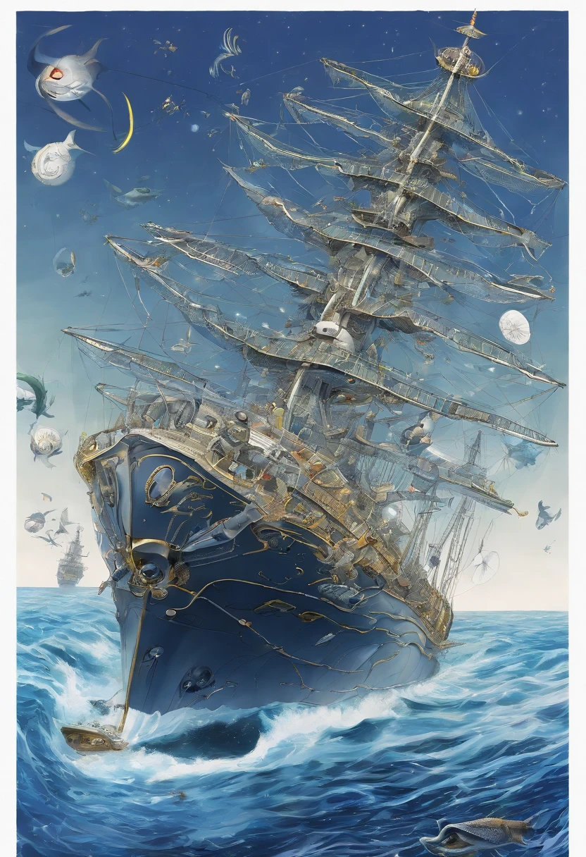 Very complex internal structure,Very detailed introduction,abyssal,mirai,Endless exploration,Deep-sea probes,Deep-sea submarines,sense of science and technology,high - tech,hyper realisitc,Smart submarines,Bionic fish,ships,future-tech,mechanized,复杂