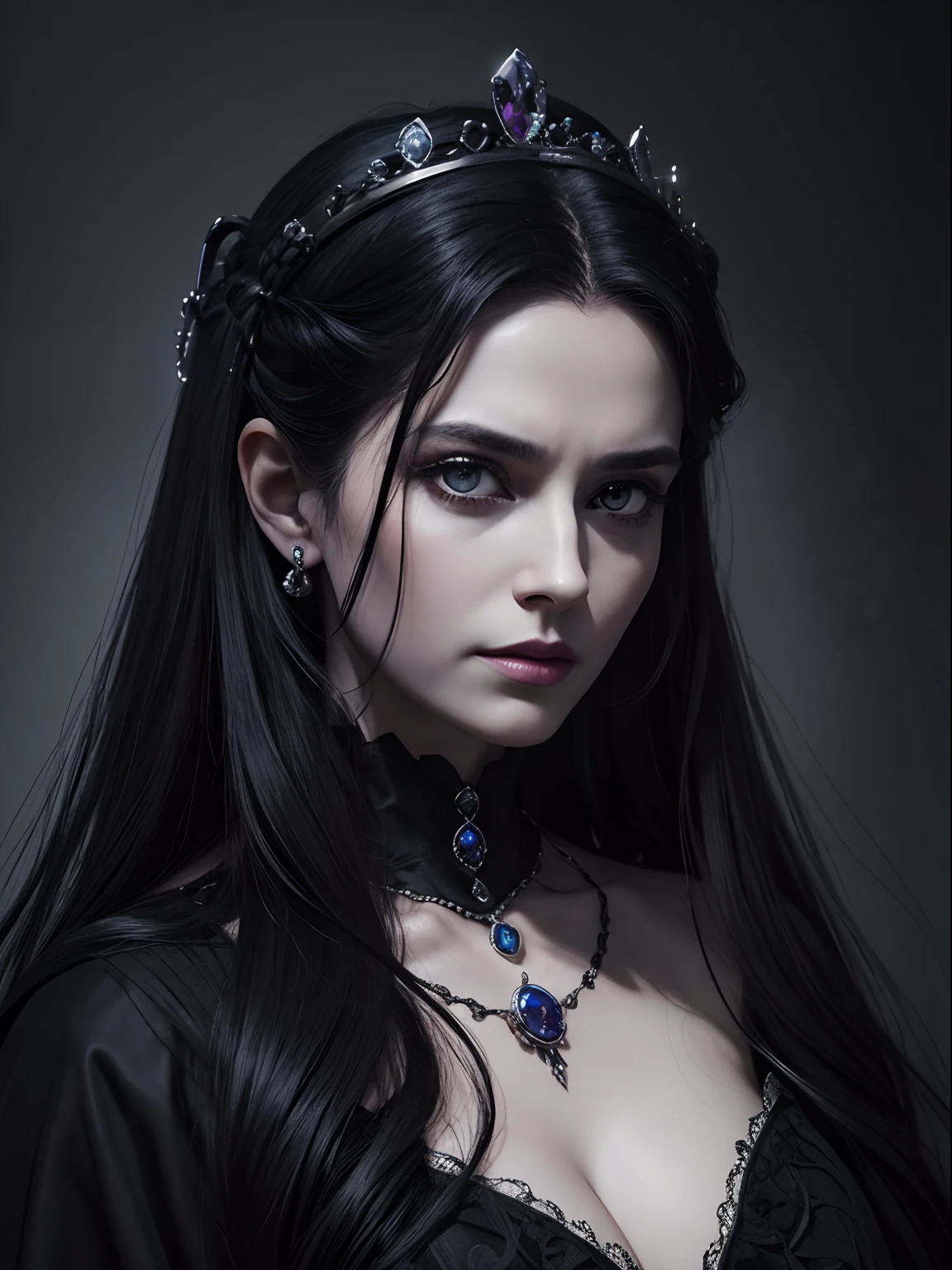 Black tones、Hell、purgatory、Mozart's Requiem、Mystical、horor、gotik、darkness、karo、badas、epidemic、ruler、Pitch Black Darkness、hopelessness、lamentation、oppression、nothingness、intense cold、Black Ghost、Adult female mature woman in her 40s、Queen of the Dead、Persephone、hades、awe、immortal、draconian、Awe-inspiring Hall々、Proud、noble、dignity、solemnity、ruthless、greed、glamor、bewitching、3-point live method、Oil Painting、Best Quality、hight resolution、foco nítido、Portrait of Queen D,Highly detailed footage of the Queen of the Dead,Stunning portrait of the Queen of the Exparted,Portrait of the Queen of the Dead,Full body close-up of the Queen of the Dead