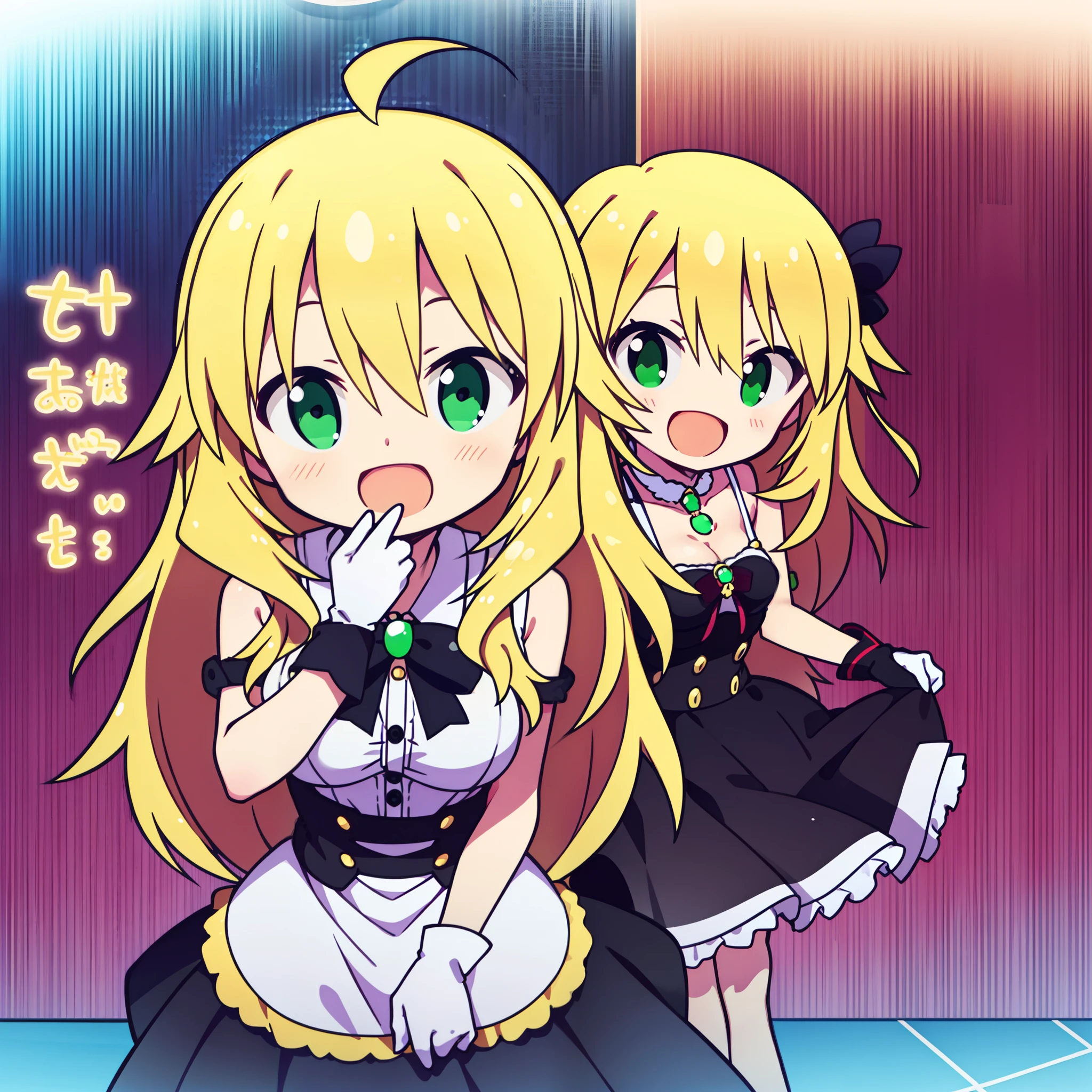 tchibi、Gamine、Miki Hoshii,
Long hair, Blonde hair, Ahoge, Green eyes, 1girl in, Solo, Smile, Looking at Viewer, Open mouth, blush, Jewelry, Dress, Skirt, gloves, hair between eye, Hair Ornament, Bangs, Shirt, breasts