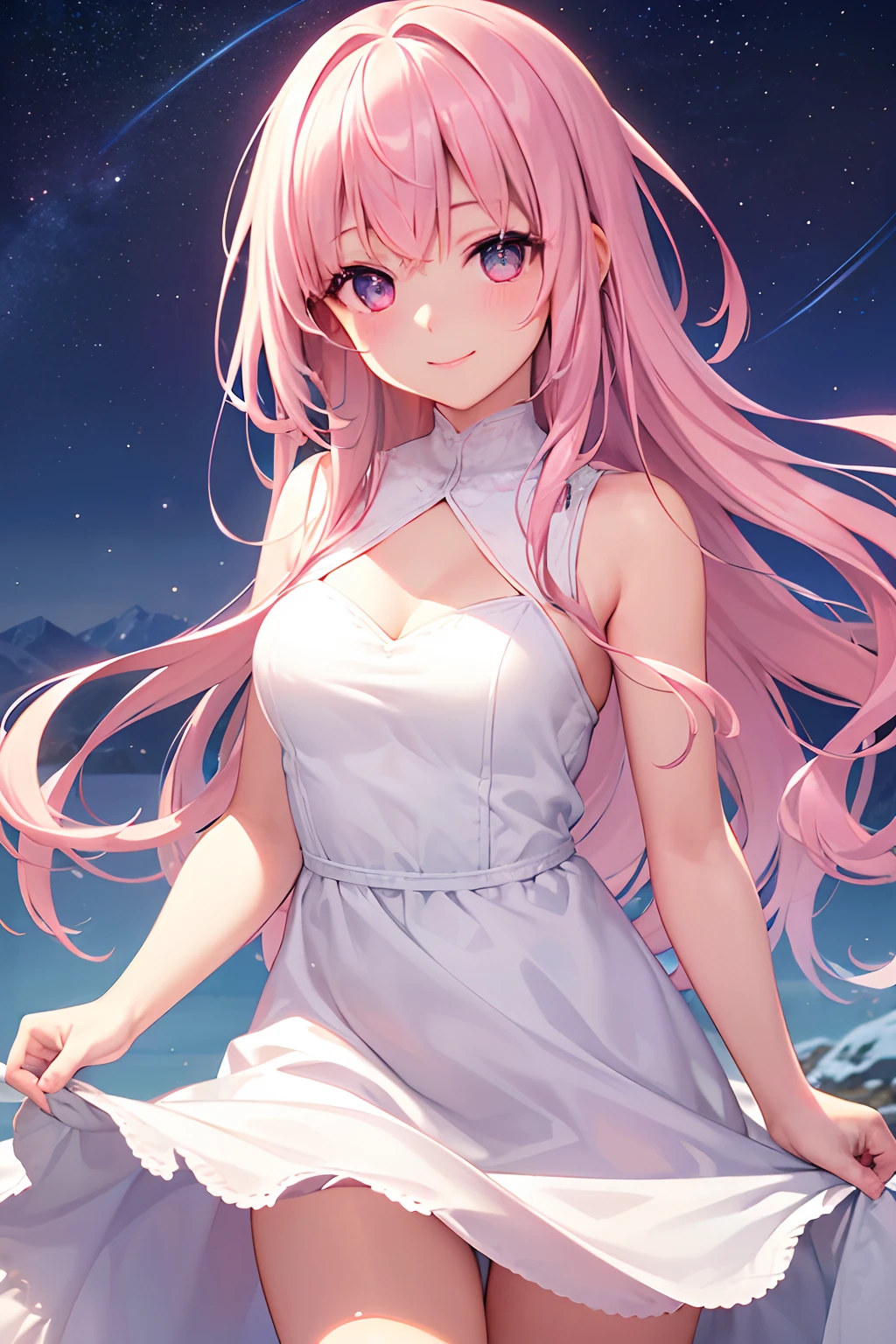 (A high resolution:1.2), Realistic，Smile model, Beautiful skin, Glowing skin, Blush, Beautiful detailed eyes, Bright and charming eyes,, A girl in a pure white dress, Breezy hair, A pink-haired, bangs, Pink and purple gradient pupils，Bokeh, Soft lighting, Subtle shadows，Look out from the top of the mountain，The sky is full of stars