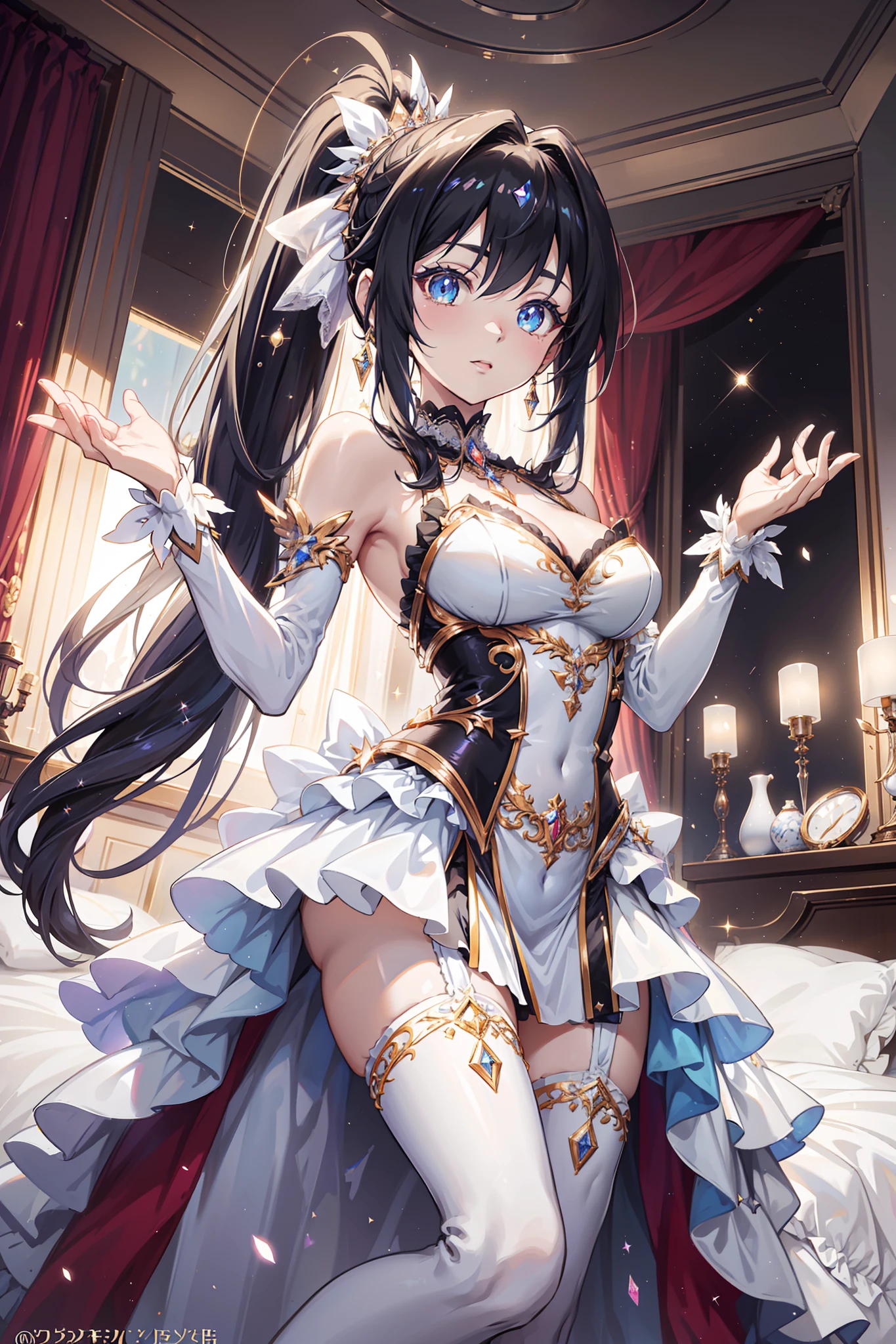 (glitters:0.9), (Sparkle:0.9), (Shine:0.9), (Best quality), (Masterpiece:1.2), (Anime style),Extremely colorful,Colorful,Beautiful and delicate face and hair,Complete body,Black and white double ponytail,Princess dress,Lace,folds,Ruffles, White stockings Long legs,Muffin shoes,Seductive pose,Luxurious bedroom,the night