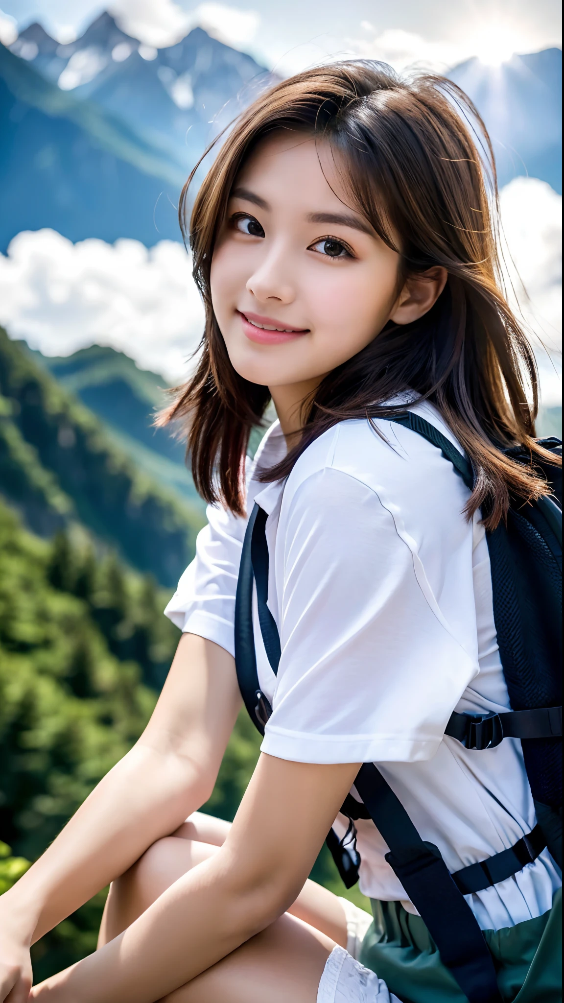 Highest quality, (Large backpack:1.3), One beautiful woman, sunlight, ((masterpiece, Highest quality, High resolution)), 1 Girl, smile, (Realistic: 1.4), Great face, 17 years old, short hair, (Beautiful Hair:1.5), Climbing Wear, The background is Yakushima, Side angle, (Skinny body type:1.3), (Flat Chest:1.3), (Mountain climbing style:1.3), Smooth, Highly detailed CG composite 8K wallpaper, High resolution RAW color photos, Professional photography, Light, BackLight, dream-like, impressive, Written boundary depth