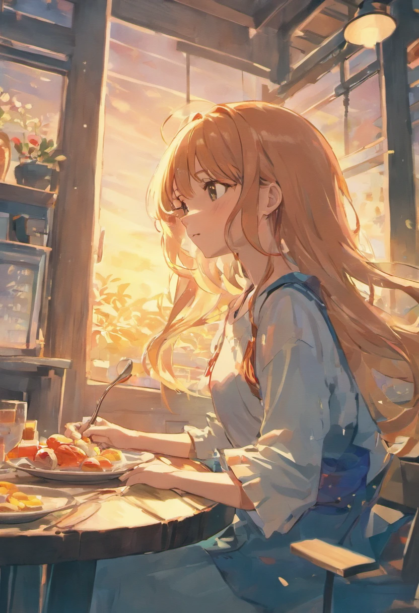 Realistic, Real life, Beautiful breakfast table by the water with Greg Rutkowski in the background, Laurie Grizzly style, Studio Ghibli, Giovan Tarantino, by james gilleard, Genshin Impact, Trending Pixiv Fanbox, acrylic palette knife, 4k, (bright colours), (Bright color contrast), (high saturated), devinart, trend in artstation