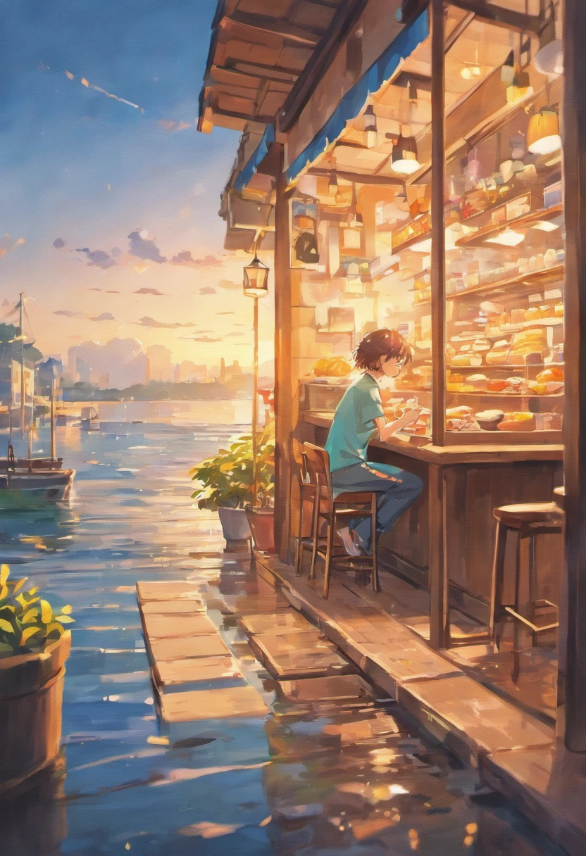 Realistic, Real life, Beautiful breakfast table by the water with Greg Rutkowski in the background, Laurie Grizzly style, Studio Ghibli, Giovan Tarantino, by james gilleard, Genshin Impact, Trending Pixiv Fanbox, acrylic palette knife, 4k, (bright colours), (Bright color contrast), (high saturated), devinart, trend in artstation