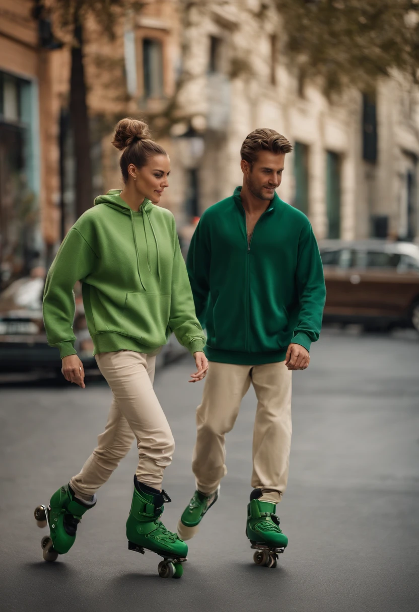 A beautiful lady wearing a green sweatshirt and matching pants
A man in a gray shirt and cream pants
Both of them have rollerblade skates and are competing