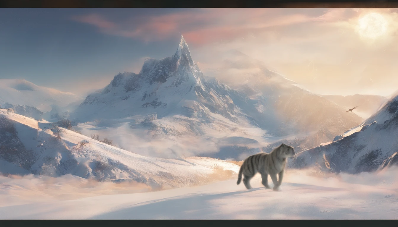 Le tigre blanc,with bright light,Effets de lueur,La nuit, snowy mountain, Canine du haut qui arrivent en dessous du menton, Corps entier comme, Highly detailed surreal VFX,OC rendu,Prise de vue avec 70 mm - AR