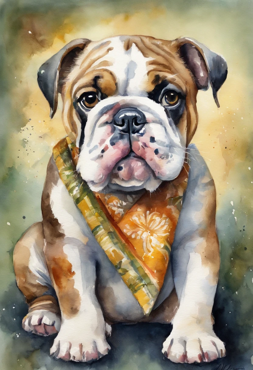 Make an English Bulldog Merle baby with pacifier in mouth, holding a little bone in his hand glasses-wearing