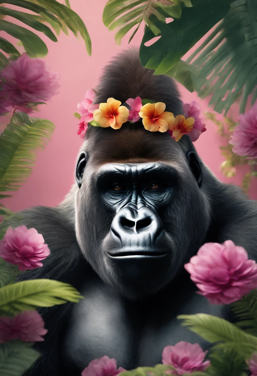 (best quality,4k,8k,highres,masterpiece:1.2),ultra-detailed,(realistic,photorealistic,photo-realistic:1.37),pink gorilla,pixar style,illustrated,pastel colors,vibrant lighting,lush jungle setting,playful atmosphere,gorilla with expressive eyes and lively facial features,gorilla surrounded by colorful flowers,gorilla wearing a cute hat with intricate details and patterns,fun interaction between the gorilla and a group of butterflies,beautifully textured fur with subtle shadows and highlights,clean and smooth lines,whimsical background details,rich and lively environment,pink gorilla playfully swinging from a tree branch,sparkling water droplets on leaves and petals,emphasis on depth and dimension,tropical paradise with palm trees and exotic plants,colorful light rays filtering through the trees,gorilla's movements captured with dynamic energy,attention to character's personality and emotions,impressive attention to detail in foliage and vegetation,thick brushstrokes and painterly textures creating a sense of movement and life