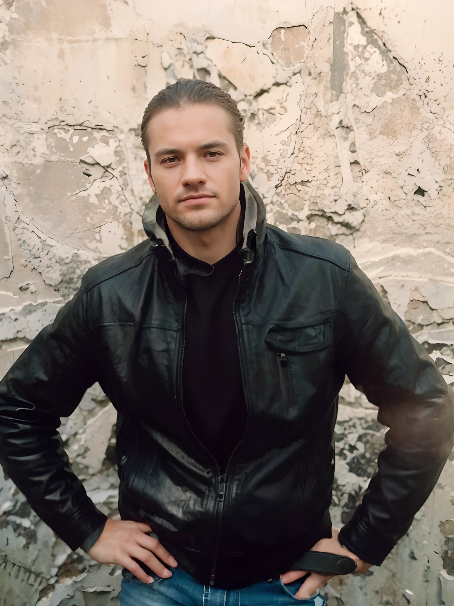 s face, leather jacket, hight resolution, tmasterpiece, beste-Qualit, intricate detials, higly detailed, Clear Focus, Detail Skin, realistic skin texture, texture, A detailed eye, Professional, 4k, Canon Shooting,  85 mm, Shallow depth of field, Kodak Color Vision, A perfect fit for the case, extremely detialed, photo_\(ultra\), photo-realistic, realisti, postprocessed, max detail, roughness, Real life, ultra realisic, photo realism, a  photo of a, 8K UHD, a  photo of a (film grains) medium close-up shot: atmospheric dark lighting