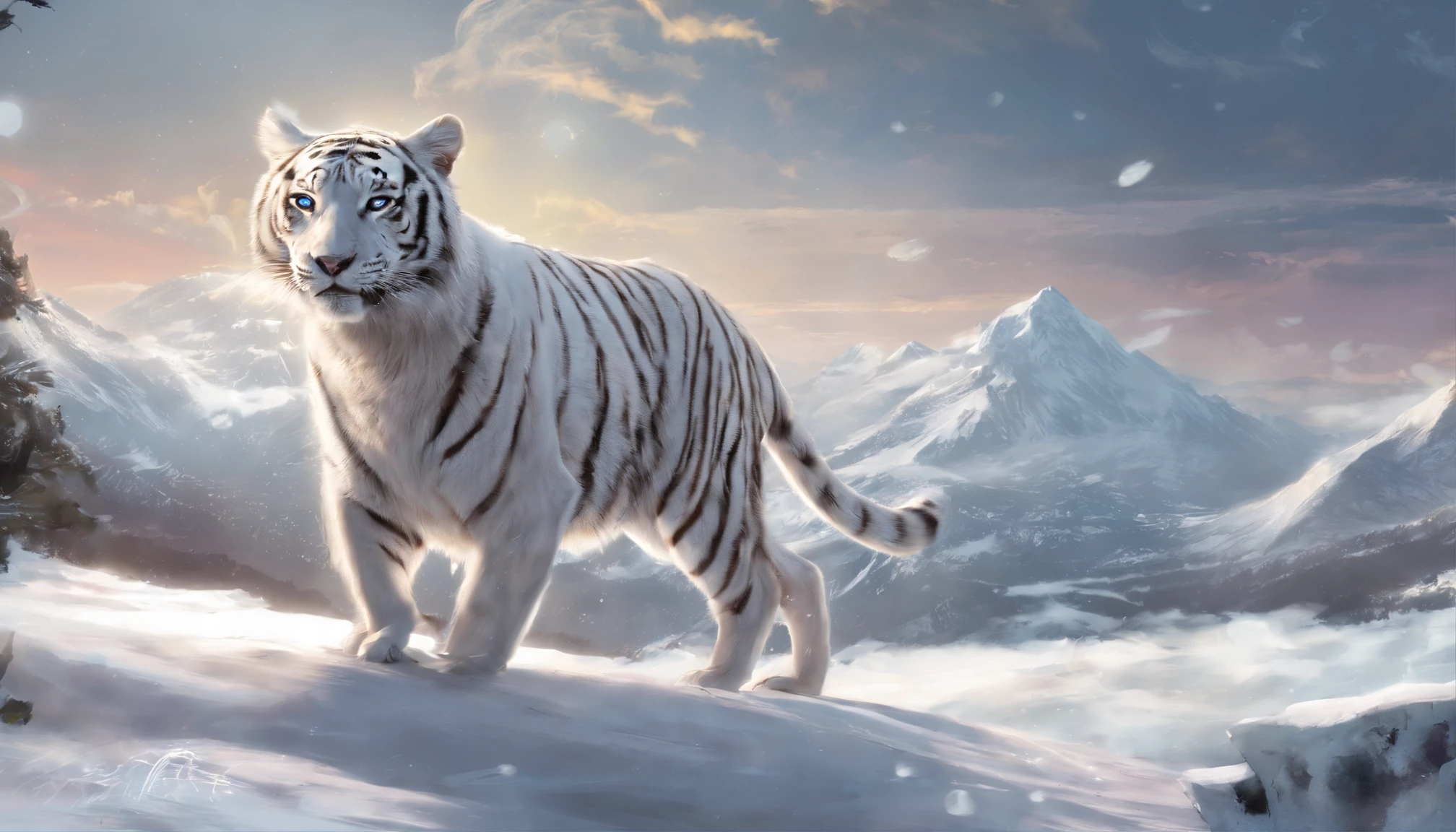 Le tigre blanc,with bright light,Effets de lueur,La nuit, snowy mountain, Canine du haut qui arrivent en dessous du menton, Corps entier comme, Highly detailed surreal VFX,OC rendu,Prise de vue avec 70 mm - AR