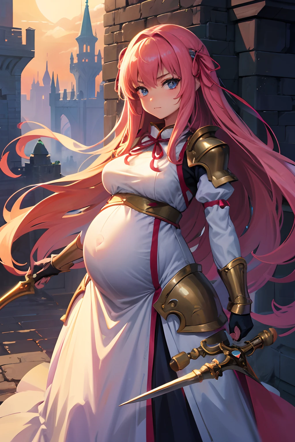 1 girl, long hair, hair ribbon, BIG pregnant, armor dress, holding sword, hero, fantasy, at castle, facing at viewer, anime style