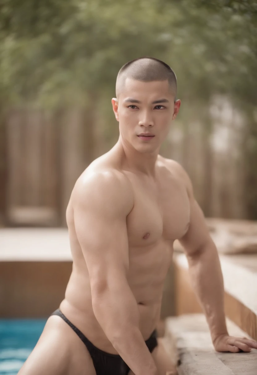 Masterpiece, Best quality, asian man, anime big breast, Solo, buzz cut, view the viewer, Mature male, toned male, Tik, underwear, Panties, velocity, Bulge, Crotch, detailed bulge, Slim, Thick thighs, Wet, Wet clothing, Wet bulge, genital contours, outline, Detailed background, Sauna, pool, vivd colour, Masterpiece, Dynamic composition, Best quality,