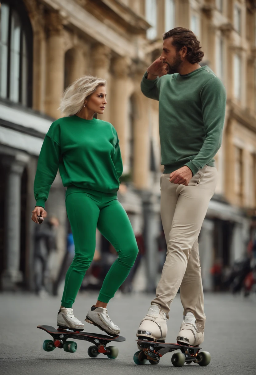 beautiful lady wearing a green sweatshirt and matching pants.
A man in a gray shirt and cream pants.
Both of them have rollerblade skates and are competing