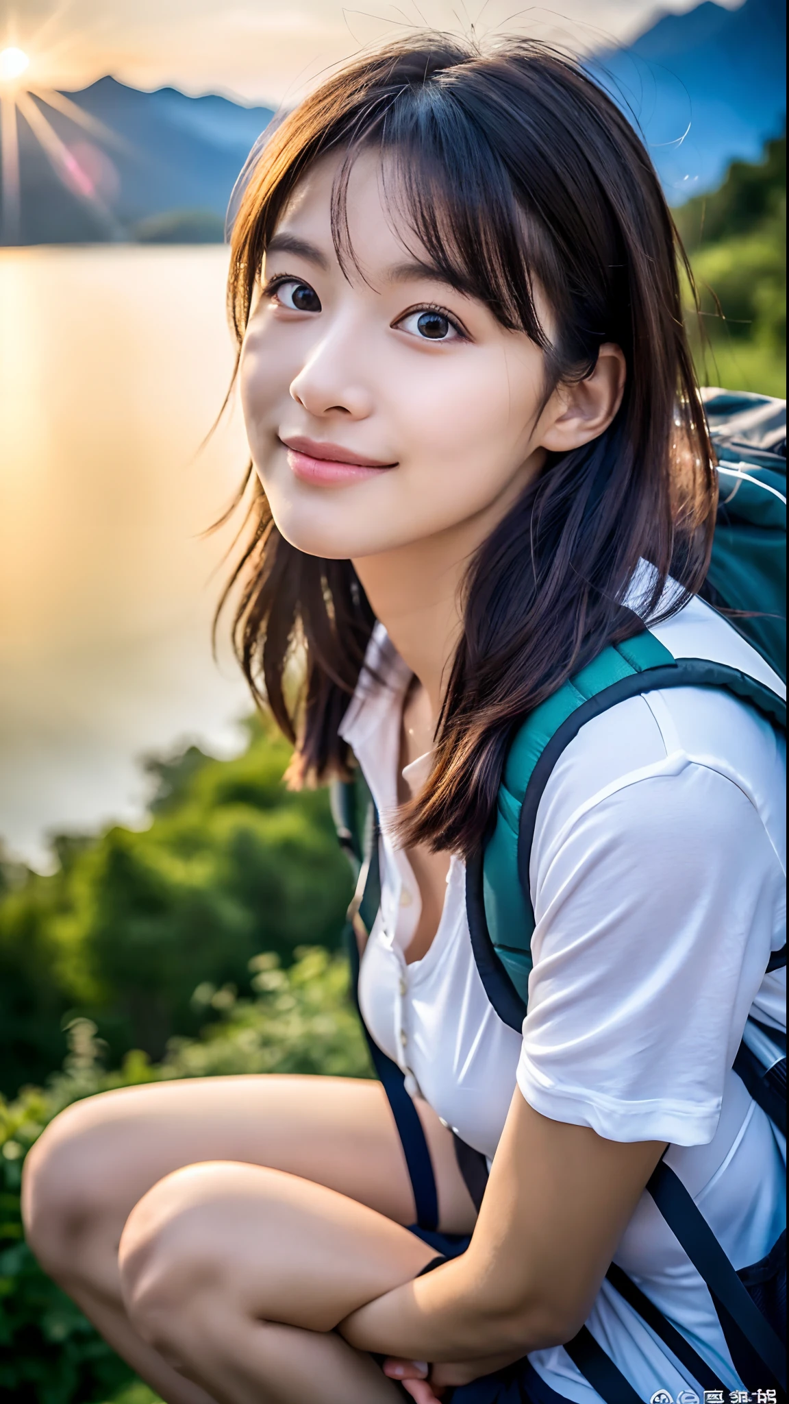 (Natural Landscape Photography), (Best Quality), masutepiece:1.2, 超A high resolution, (Magnificent mountain, sea of clouds), (At very high mountain peaks), (Beautiful sunset), (Wide angle shot),  (Show cleavage:0.8),
(1girl in), (Photo from the knee up:1.3), (18 years old), (Smile:0.9), (Shiny skin), (Semi-long chignon hair, dark brown hair), 
(Loose white shirt, Trekking Shorts), (Carrying a large backpack), 
(hyperdetailed face), (Super Beautiful Maid), (Ultra detailed eyes), (Ultra-detailed nose), (Ultra detailed mouth), (Ultra detailed arms), (ultra detailed body), Pan Focus, gaze at the audience