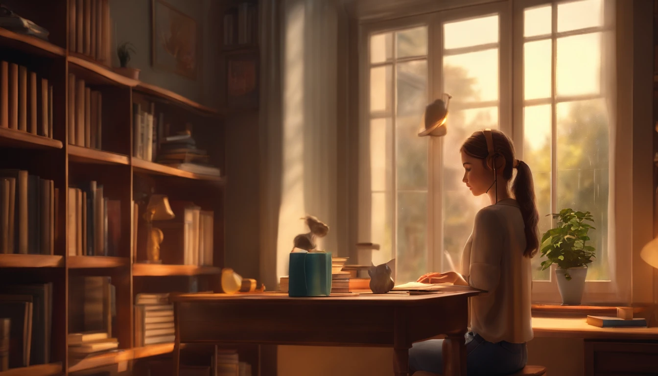 girl studying in her room near the window, girl wearing headphones, girl looking at books, rain on window, lampshade on, hot lighting, HD, 8k, high quality, (raw work), studio ghibli, ghibli studio, ghibli, anime, girl with brown hair, brown hair, books, notebooks, pencils, study table, table, cushions, a black cat, cat, black cat, window