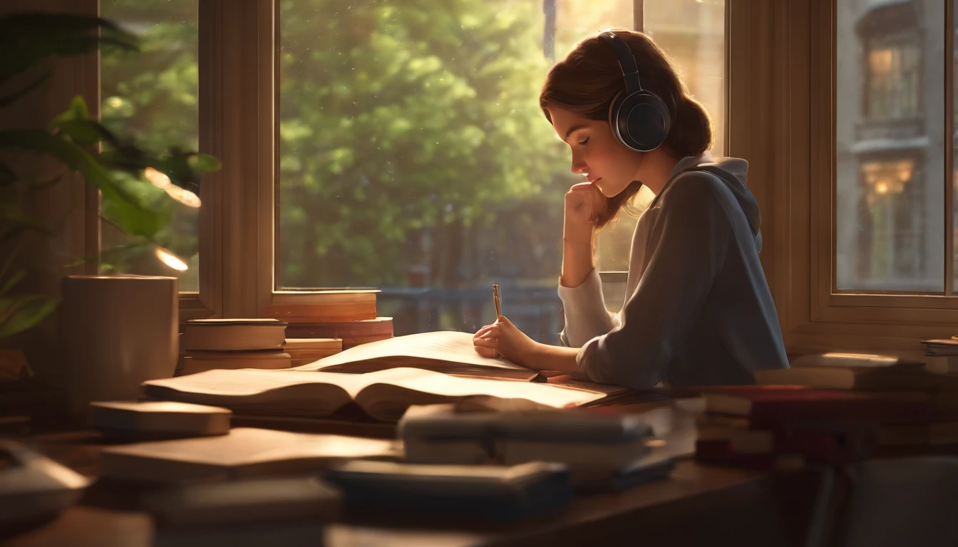 girl studying in her room near the window, girl wearing headphones, girl looking at books, rain on window, lampshade on, hot lighting, HD, 8k, high quality, (raw work), studio ghibli, ghibli studio, ghibli, anime, girl with brown hair, brown hair, books, notebooks, pencils, study table, table, cushions, a black cat, cat, black cat, window