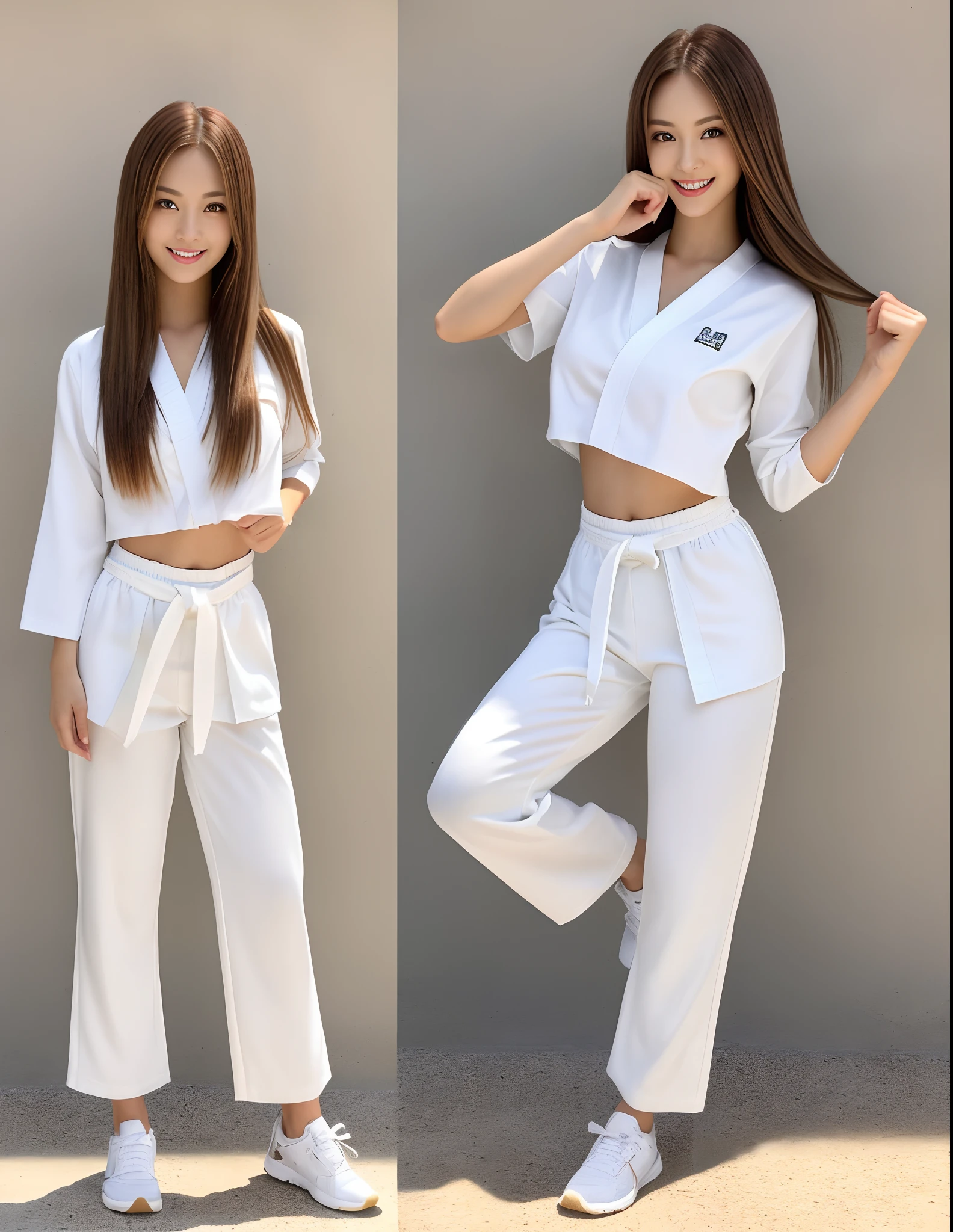 (Photorealsitic)(sixteen years old), Perfectly beautiful woman, (Full body 8K portrait), break dance, Stick out your fist, Large and dynamic hand and foot movements, Correct skeleton, White Karate Uniform, White karate pants, Large bust, Perfect facial detail, (Smile: 1.15), attractive beautiful face, gazing at viewer, a small face, 二重まぶた, Beautiful detailed eyes, long eyeslashes, ligh brown hair, Hairstyle is bob style, Toned waist, large full breasts, Beautiful thin legs, toned ankles, bare-legged ,TOKYOcty