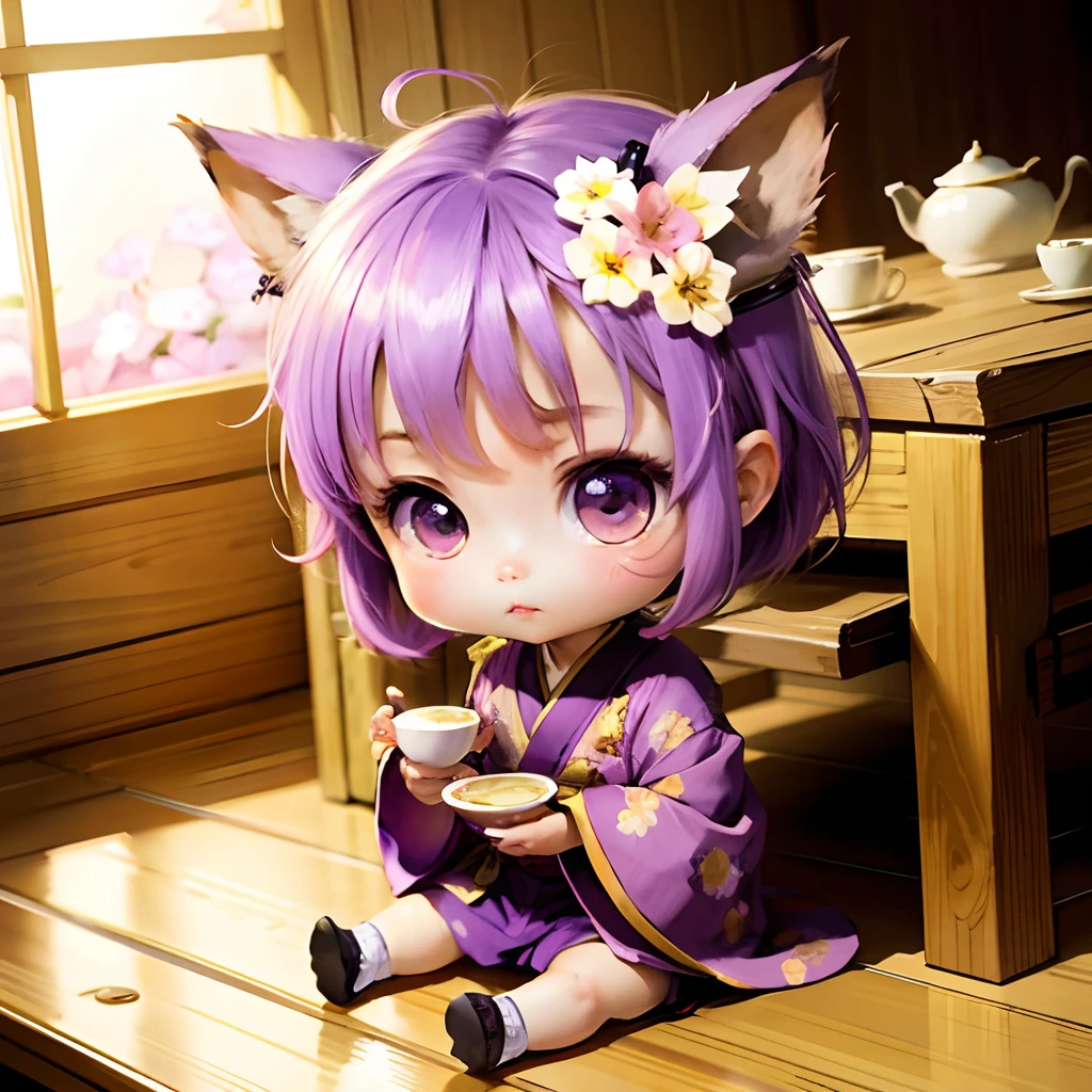 Cute Chibi Anime, Purple and pink kimono, Sit in a teacup