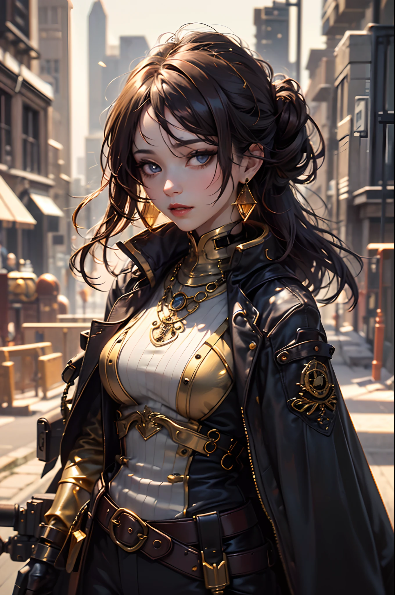 (1girl:1.3), looking at viewer, (steampunk suggestive clothes, Maven, Average Height, Toned, Round Face, Olive Skin, Brunette Hair, Blue Eyes, Wide Nose, Full Lips, Receding Chin, Long Hair, Straight Hair, Wavy Updo, soft sagging breasts, Threader earrings, golden, matte lipstick,steampunk metropolis),(masterpiece, best quality, detailed shiny skin:1.2), flawless, 8k, RAW, highres,absurdres,