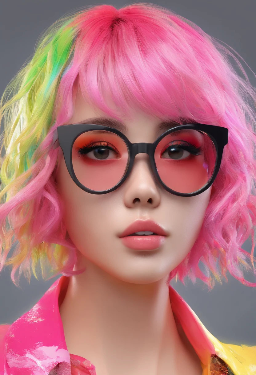 (Masterpiece, Best Quality, High Resolution), White Background, ((Paint Splash, Color Splash, Splash of Ink, Color Splash)), Sweet Chinese Girl, Rainbow Hair, Pink Lips, Front, Upper Body, with glasses, wearing glasses, black thick-framed glasses