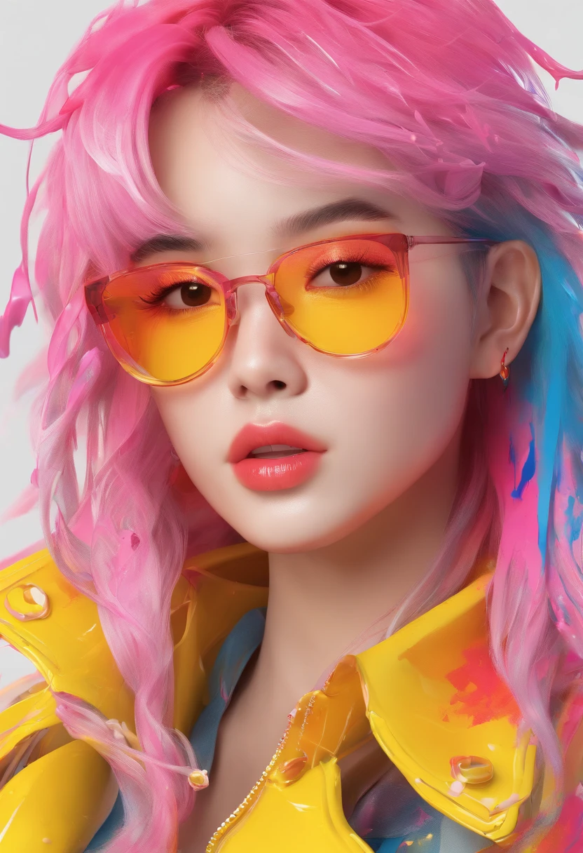 (Masterpiece, Best Quality, High Resolution), White Background, ((Paint Splash, Color Splash, Splash of Ink, Color Splash)), Sweet Chinese Girl, Rainbow Hair, Pink Lips, Front, Upper Body, with glasses, wearing glasses, black thick-framed glasses