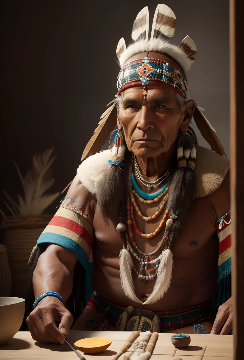 Create a hyperrealistic image of an indigenous shaman approximately 80 years old