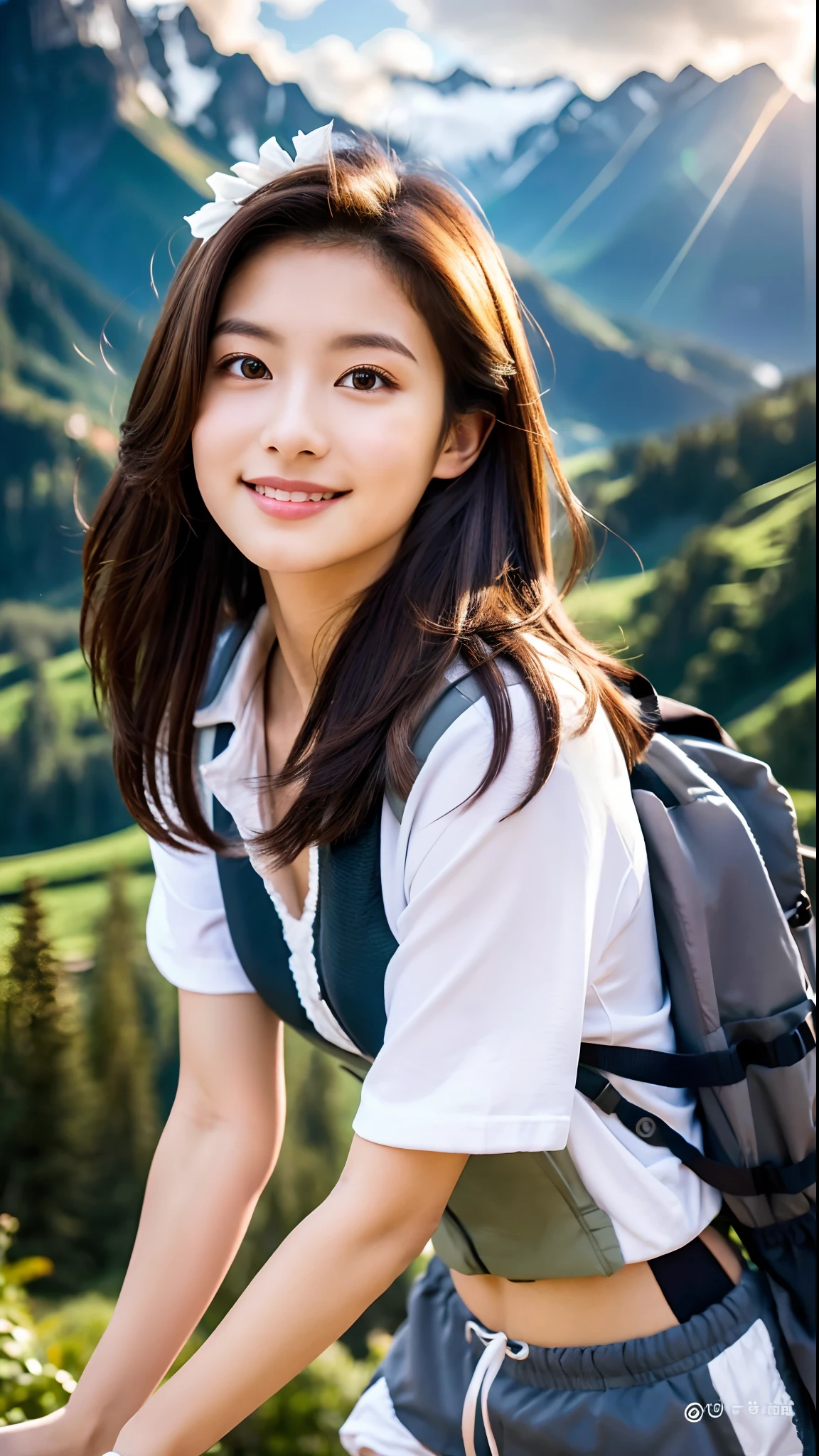 (Natural Landscape Photography), (Best Quality), masutepiece:1.2, 超A high resolution, (Magnificent mountain, sea of clouds), (At very high mountain peaks), (Beautiful sunset), (Wide angle shot), (Show cleavage:0.8),
(1girl in), (Photo from the knee up:1.3), (18 years old), (Smile:0.9), (Shiny skin), (Semi-long chignon hair, dark brown hair),
(Loose white shirt, Trekking Shorts), (Carrying a large backpack),
(hyperdetailed face), (Super Beautiful Maid), (Ultra detailed eyes), (Ultra-detailed nose), (Ultra detailed mouth), (Ultra detailed arms), (ultra detailed body), Pan Focus, gaze at the audience