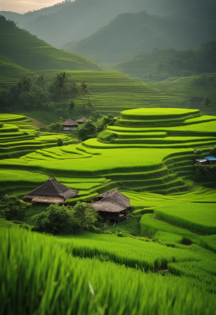 in the early morning，The sun rises，Green rice paddies，Narrow paths，Distant villages are full of smoke