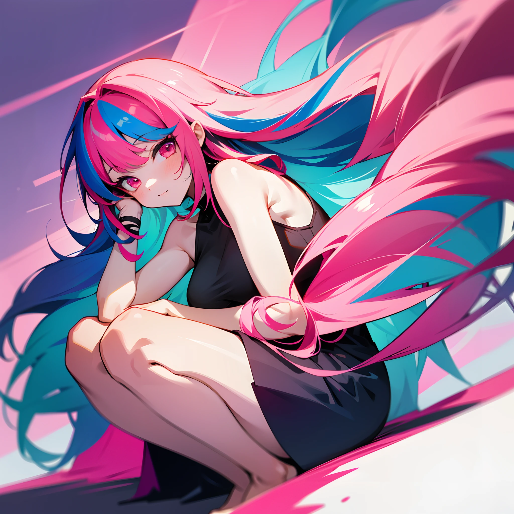 1girl, solo, long hair, multicolored hair, looking at viewer, bare shoulders, colorful, red eyes, blue hair, squatting, bangs, streaked hair, pink eyes, pink hair, colored skin
