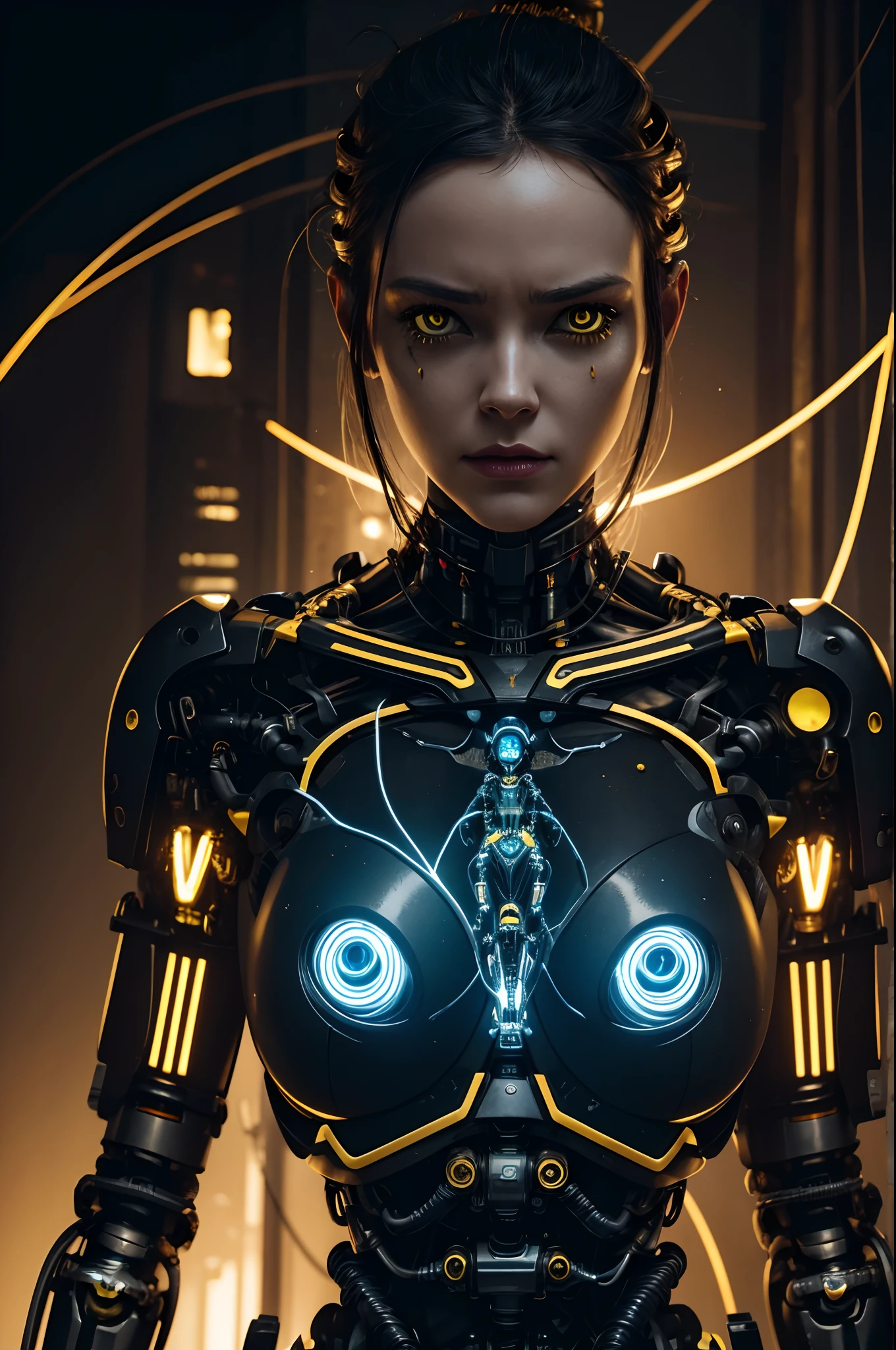 broken cyborg woman, gloweyes, mechanical body and head, wires on the head, higly detailed, Realistic full-length photography, black & yellow, 4k