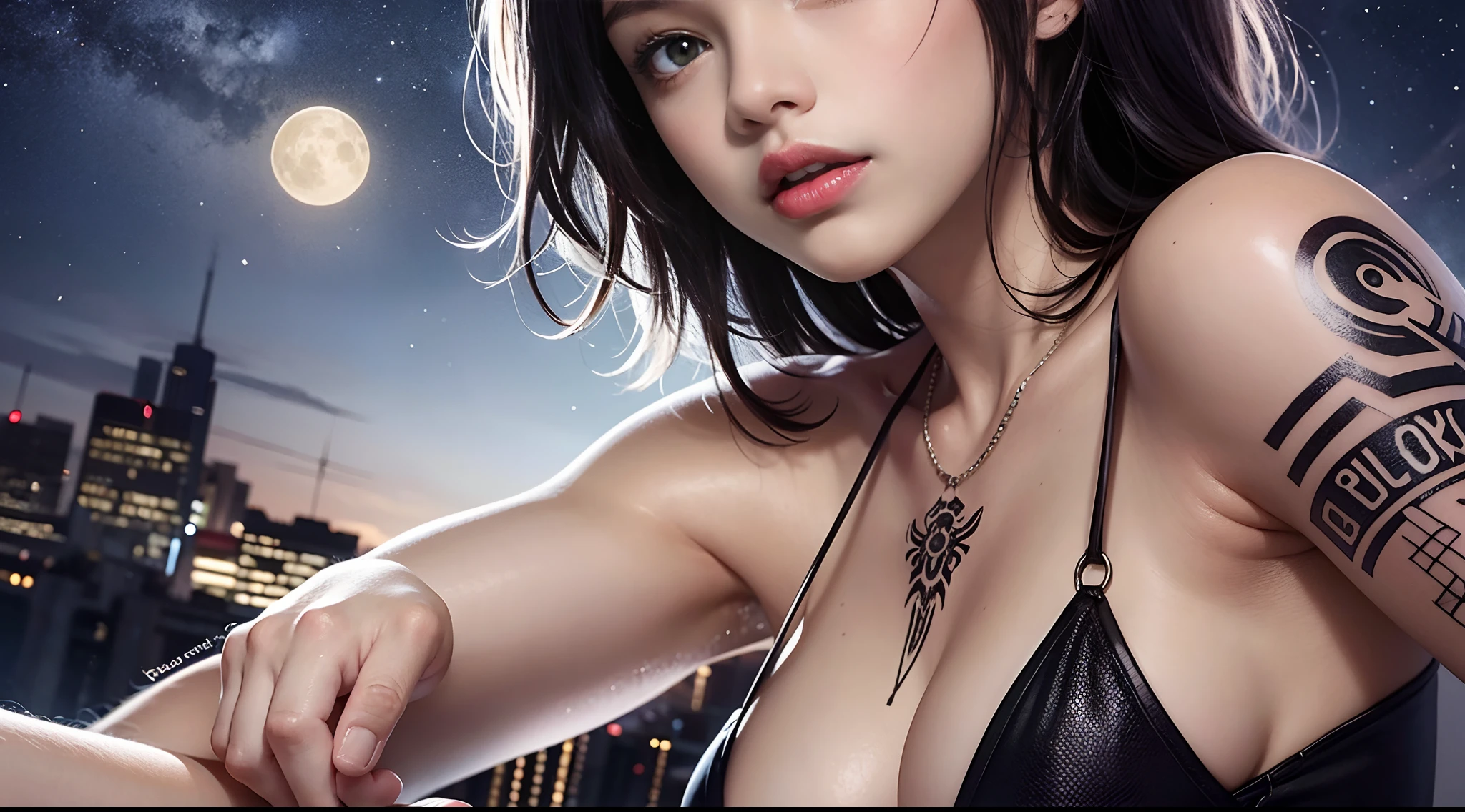 ((Una mujer)), ciudad nocturna, neon, cielo estrellado perfecto, UHD, alto detalle, alta calidad, Super detail, ultra-fine illustration, 16k, strange eye, Ghibli, cabello gris, micro bikini, bikini liso, ((bikini con menos tela)), ojos grandes, long eyeslashes, very long eyelashes, ethnic tattoos, (tatuajes que cubren todo el cuerpo), ((muchos tatuajes)), tatuajes en el pecho, tatuajes en los brazos, tatuajes en los dedos, (tatuajes en todo el pecho), rasgos hermosos, rasgos faciales neutros, (pelo corto)