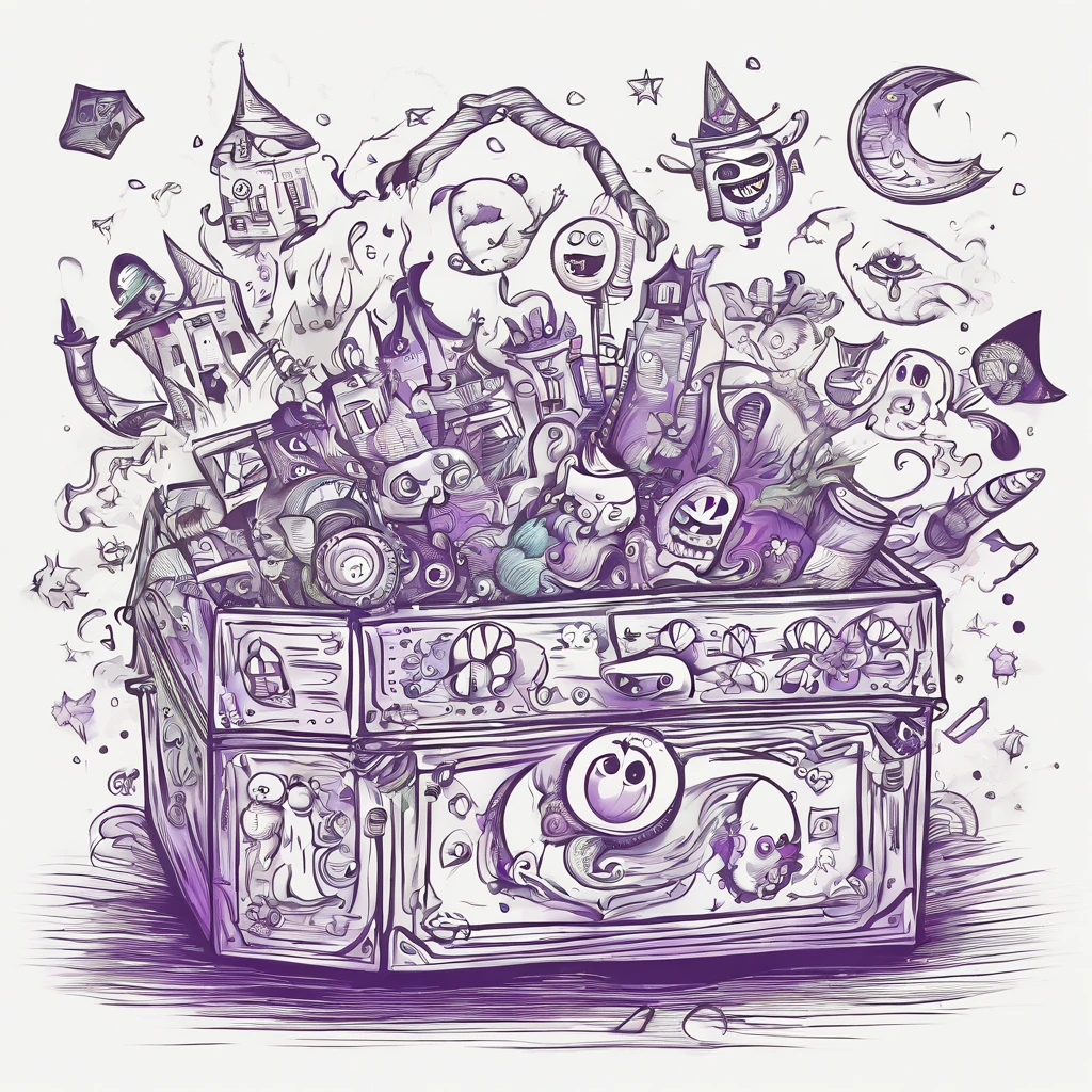 Pandora's box sketched in a ers style, pandora’s Box, surreal, crude drawing, kindergarten, forbidden, crayons, exploding box, evil, malevolent, ugly drawing, ghosts, evil spirits, dark purple stuff